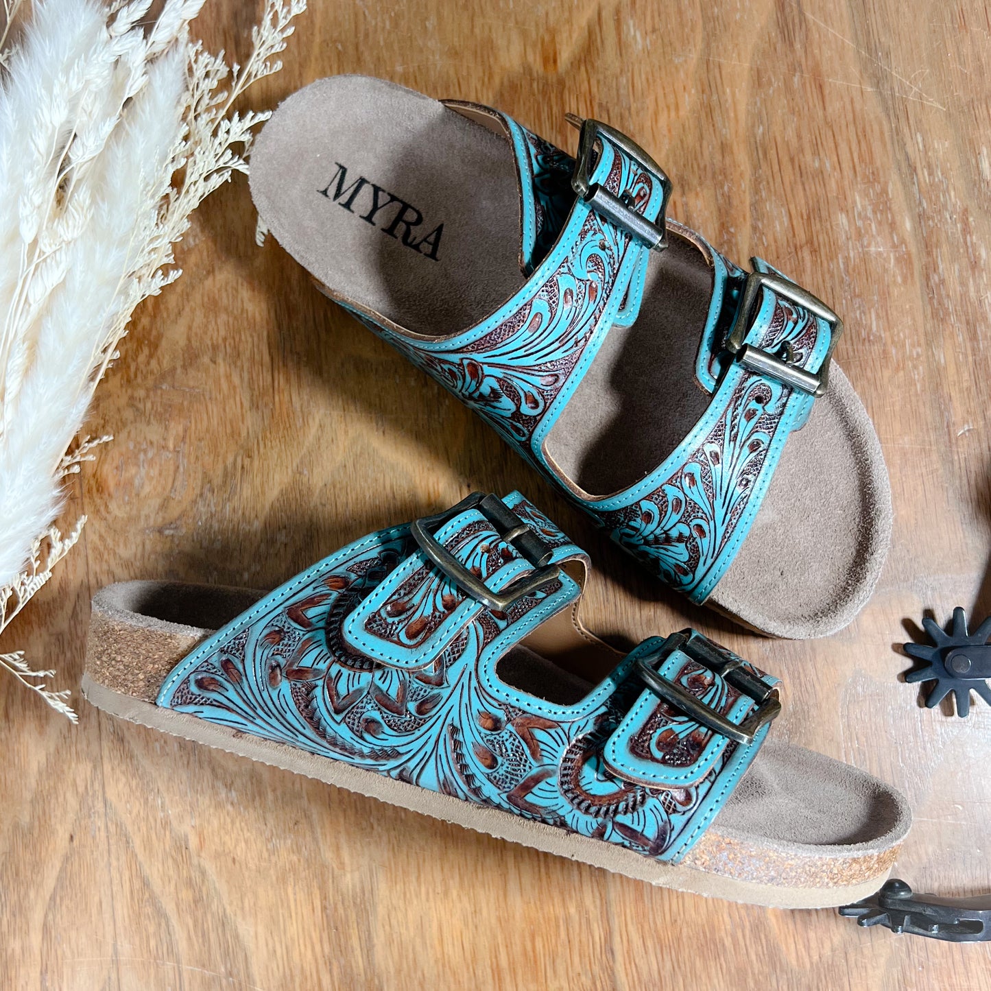 Rustic Rodeo Tooled Leather Slide Sandals – Turquoise & Brown