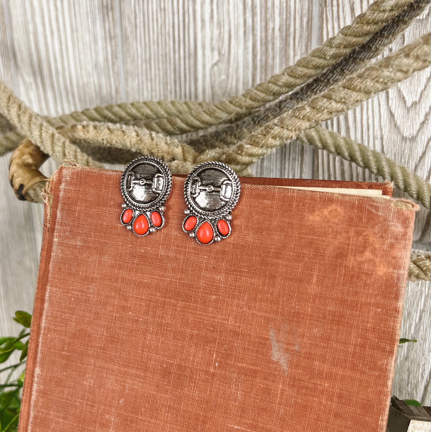 Red Western Concho Horse Bit Stud Earings