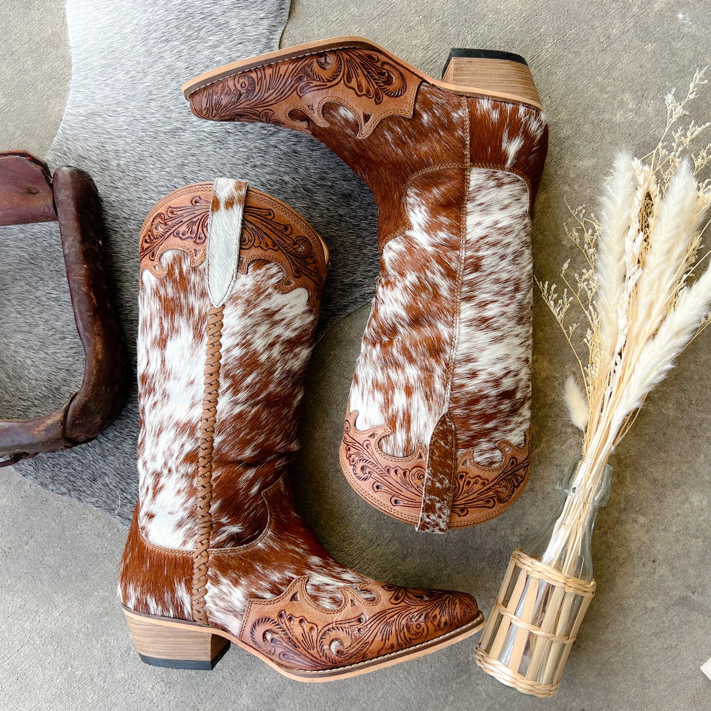 High-Falutin’ Cowgirl Western Cowhide & Tooled Leather Boots - Snip Toe Fashion Boots*