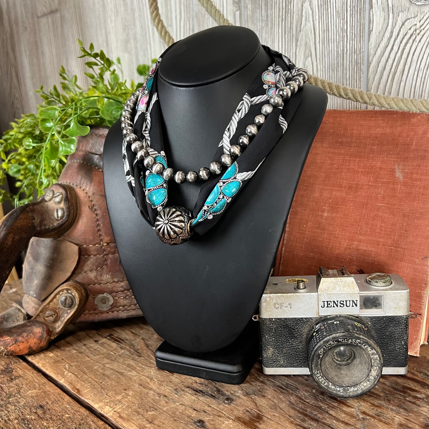 Western Scarf Necklace – Black & Turquoise
