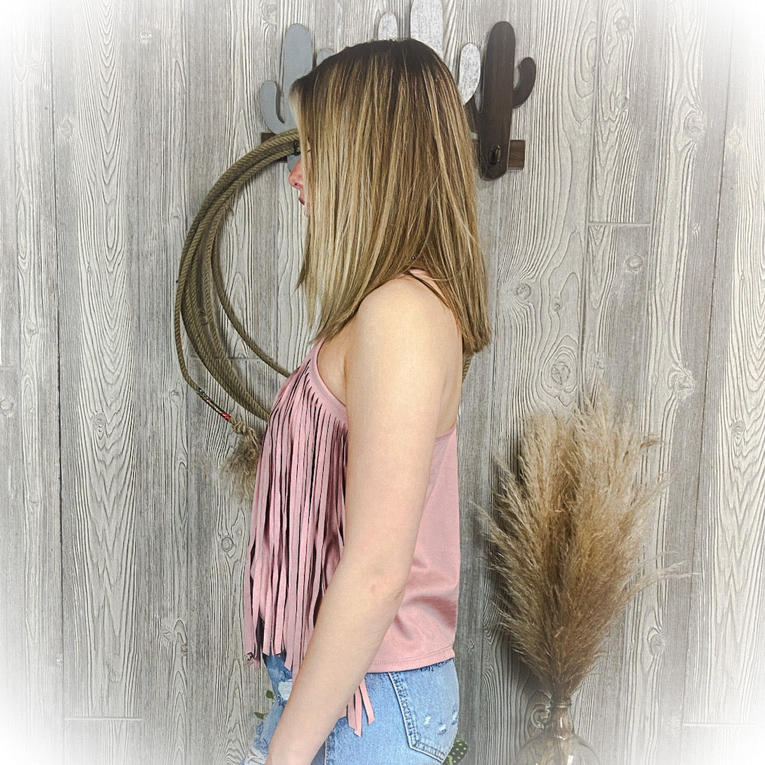 Mauve Fringe Suede Tank Top