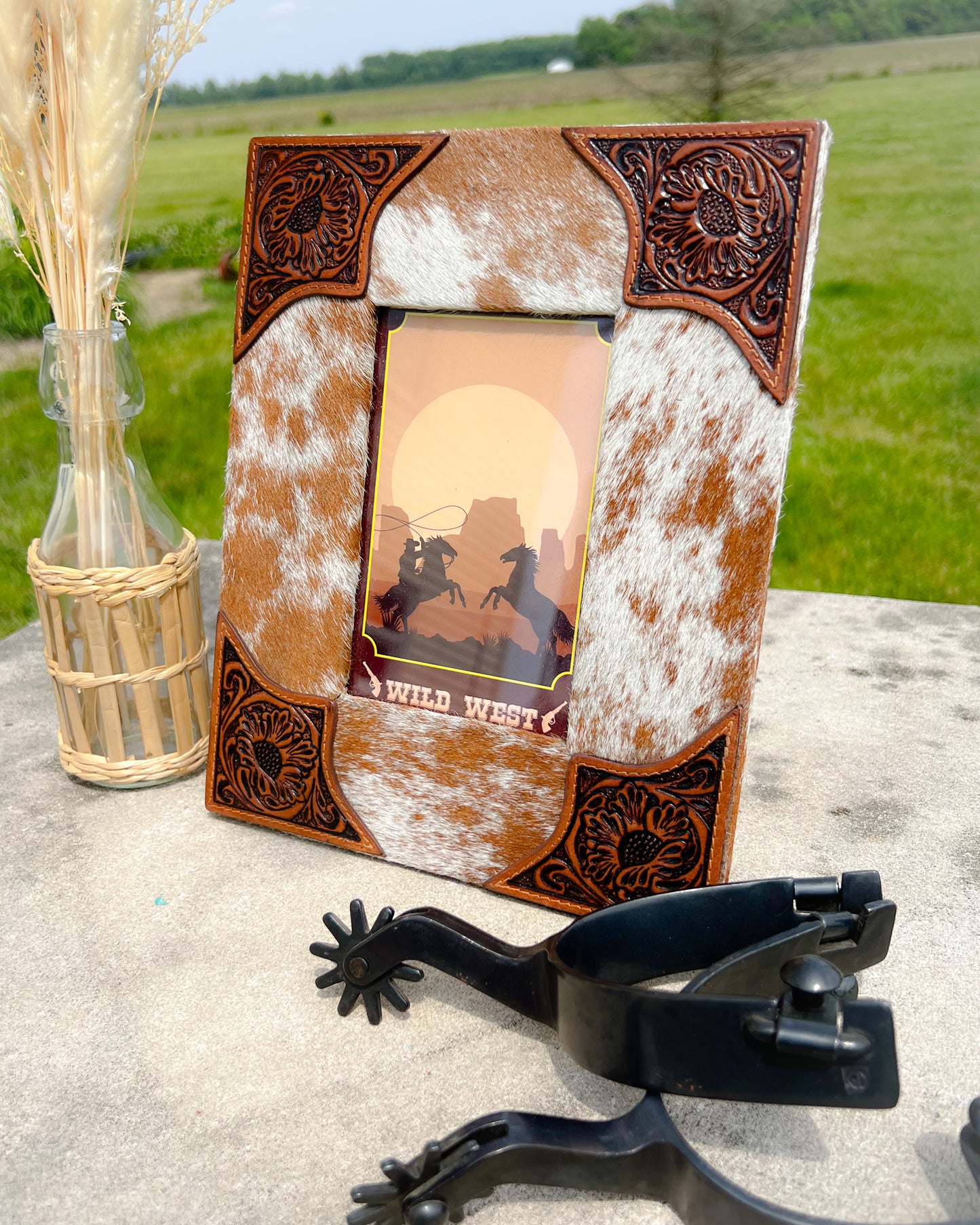 Tumbleweed Trail Cowhide & Tooled Leather Picture Frame