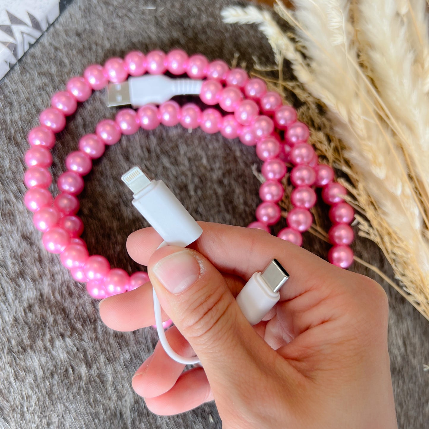 Pink Pearl Beaded Charging Cord