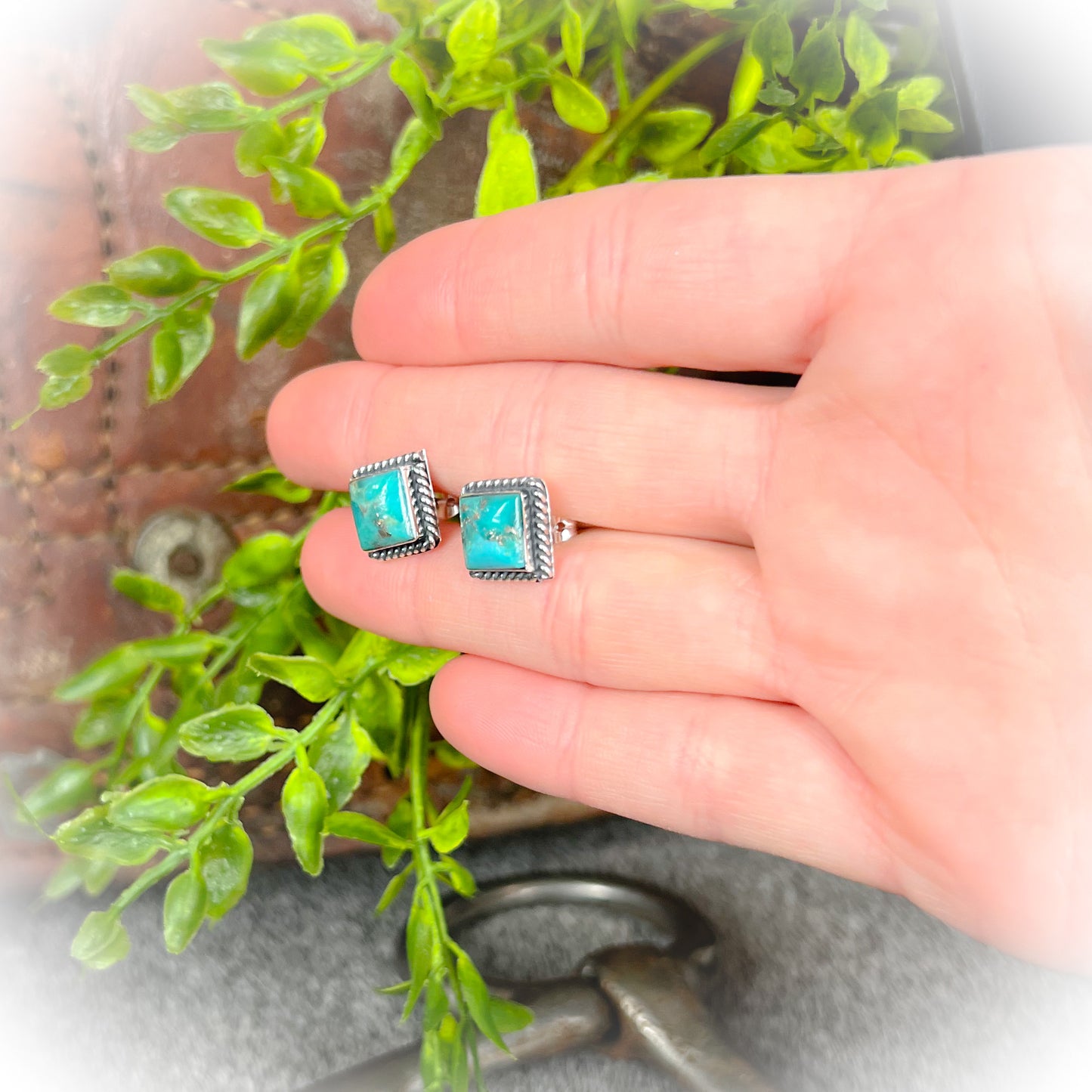 Sterling Silver Rope Edge Authentic Turquoise Stud Earrings