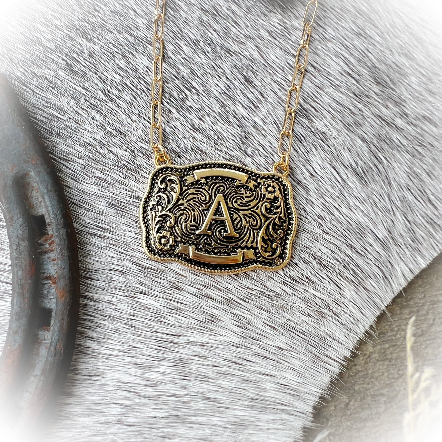 Western Buckle Initial Necklace - Antique Gold