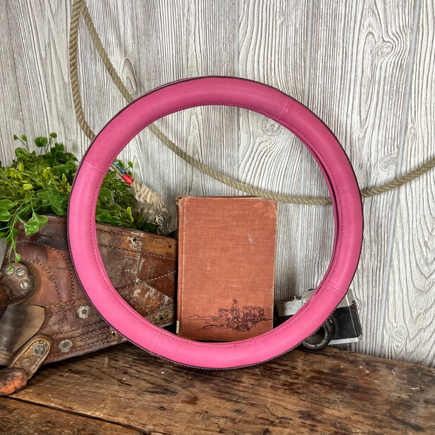 Pink Cowgirl Western Tooled Leather Steering Wheel Cover