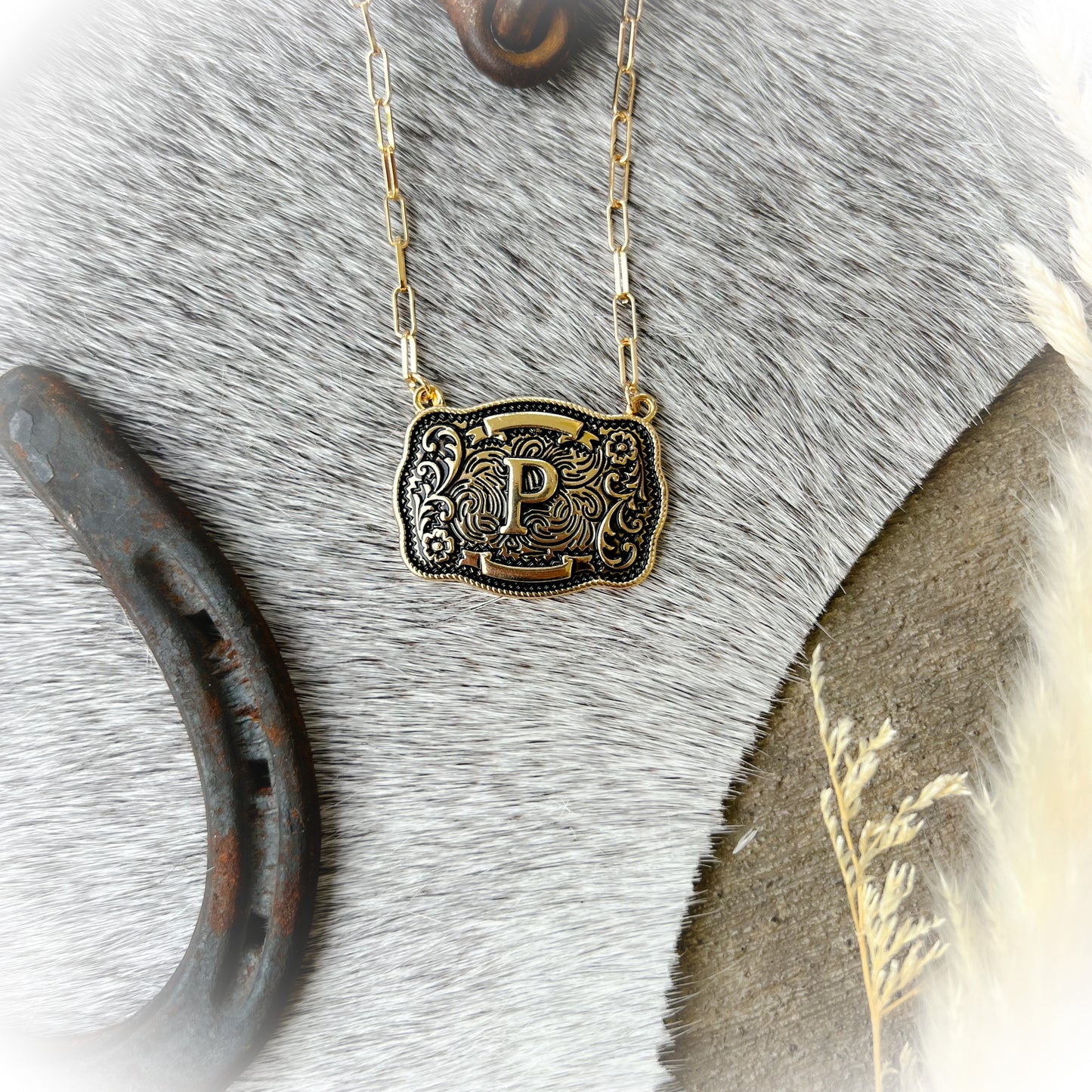 Western Buckle Initial Necklace - Antique Gold