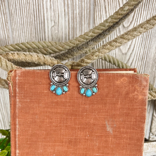 Turquoise Western Concho Horse Bit Stud Earings