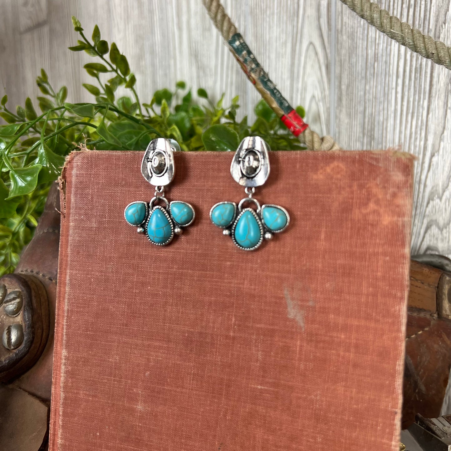 Bring The Rodeo - Western Cowboy Hat Earrings - Turquoise