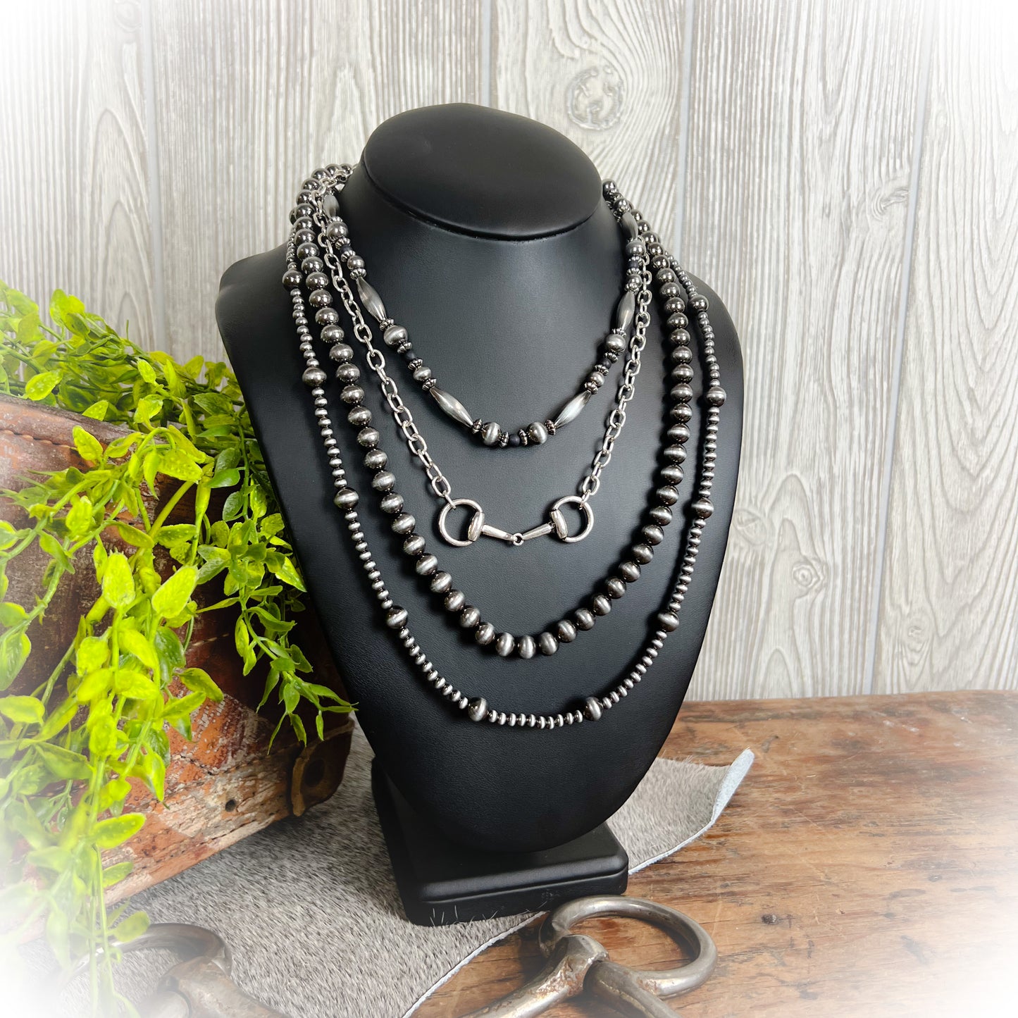 Layered Western Horse Bit Necklace – Faux Navajo Pearls | 4-Layer Statement Necklace