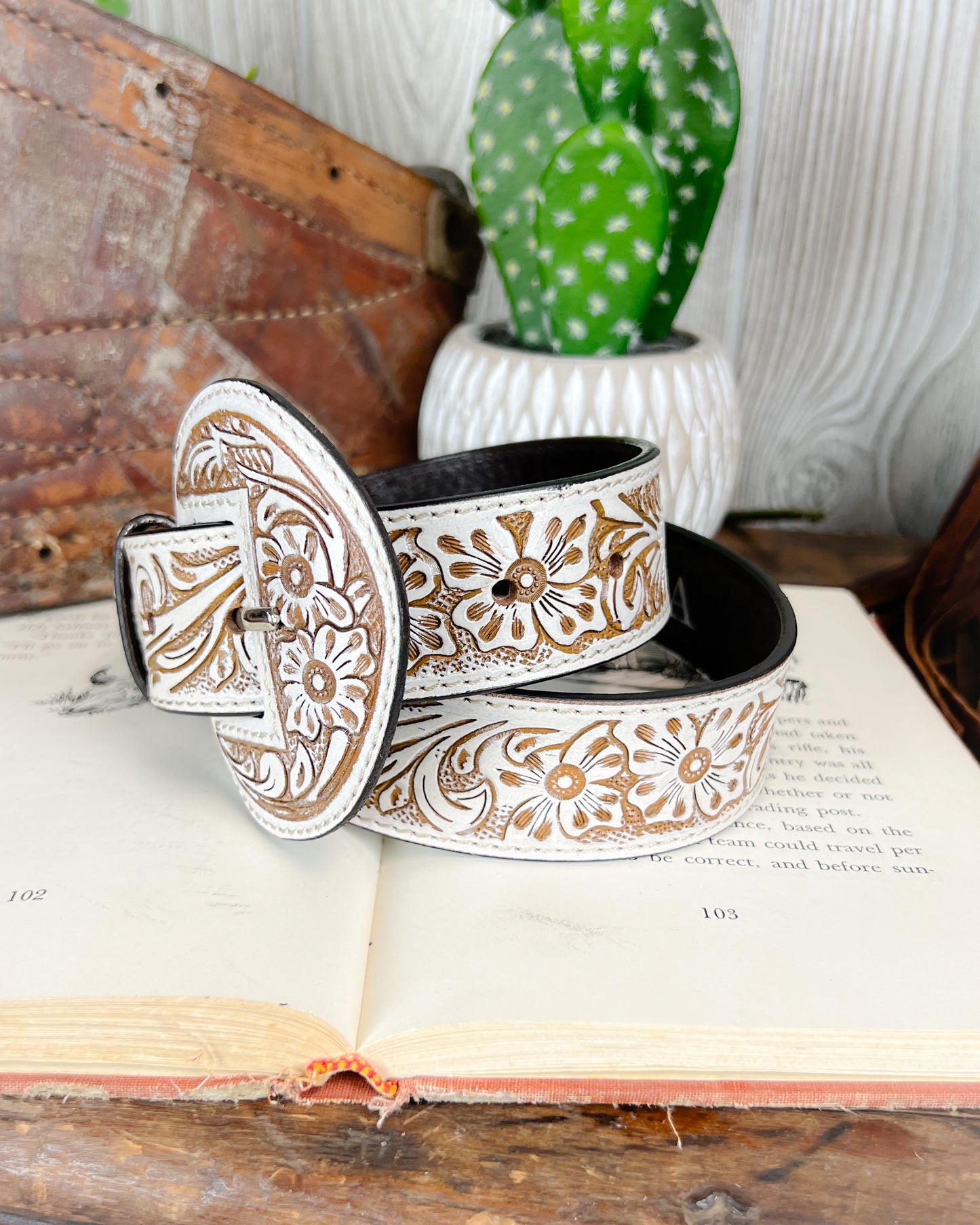 High Desert Tooled Leather Belt - White