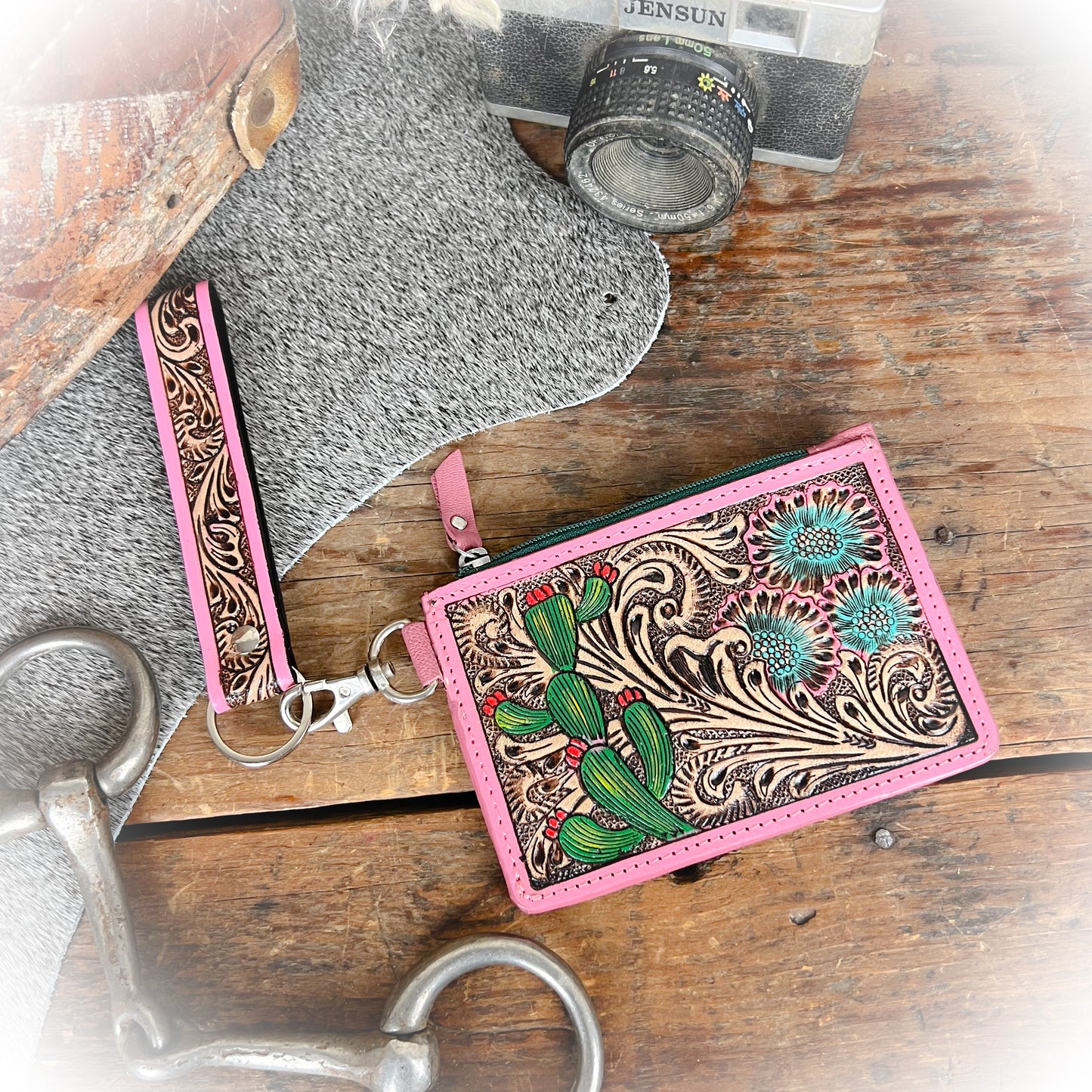 Prickly Cactus Pink Western Tooled Leather Card Holder