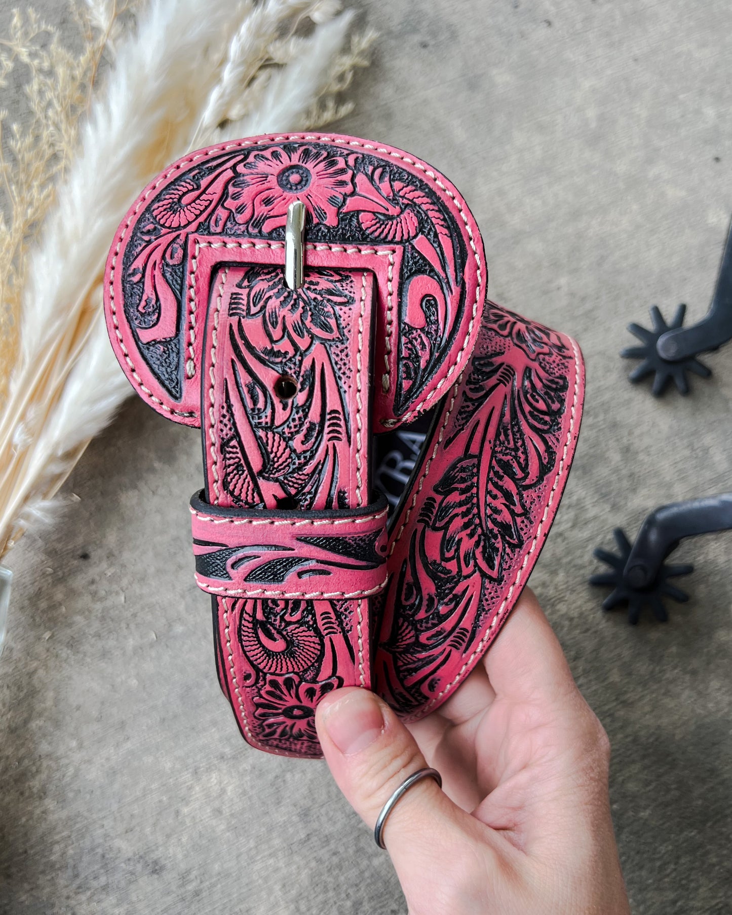 High Desert Tooled Leather Belt - Pink/Red*