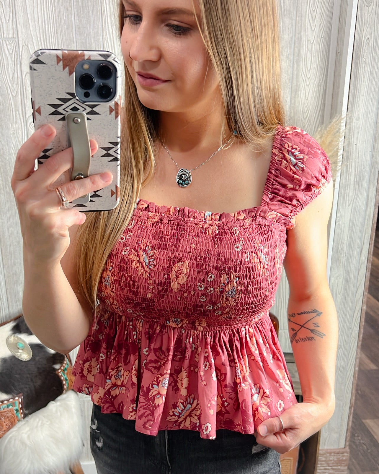 Rosy Bloom Smocked Boho Cap Sleeve Top