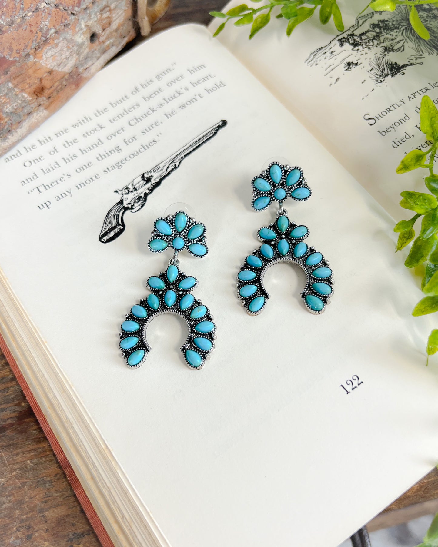 Western Squash Blossom Earrings - Silver/Turquoise