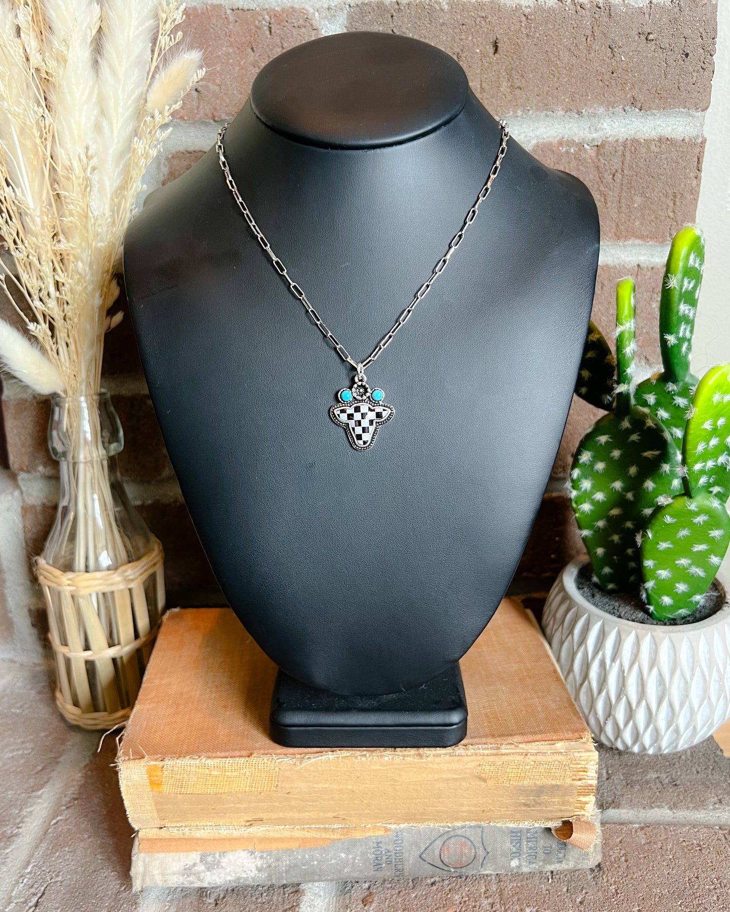 Western Checkered Cow Head Necklace
