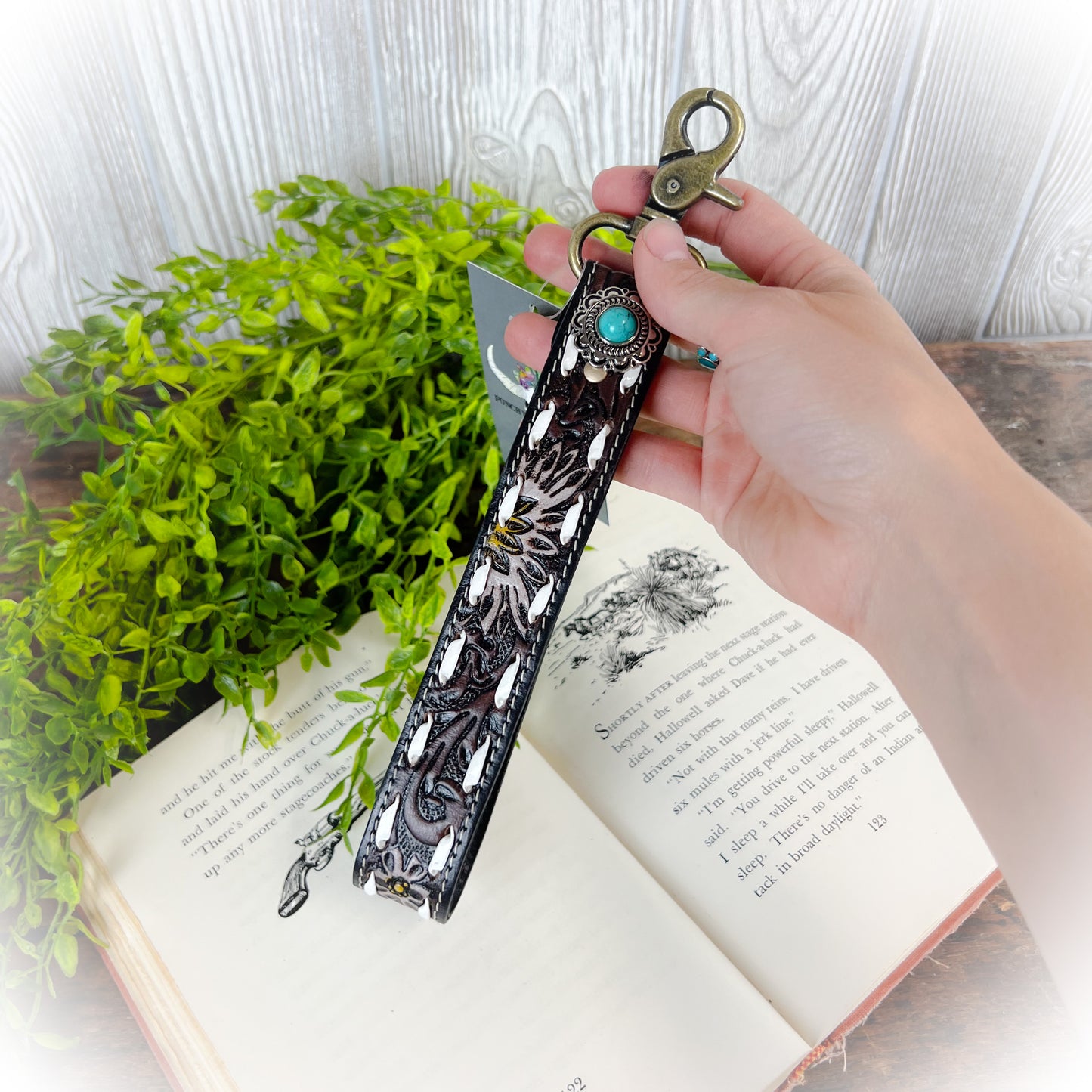 Western Daisy Tooled Leather Keychain