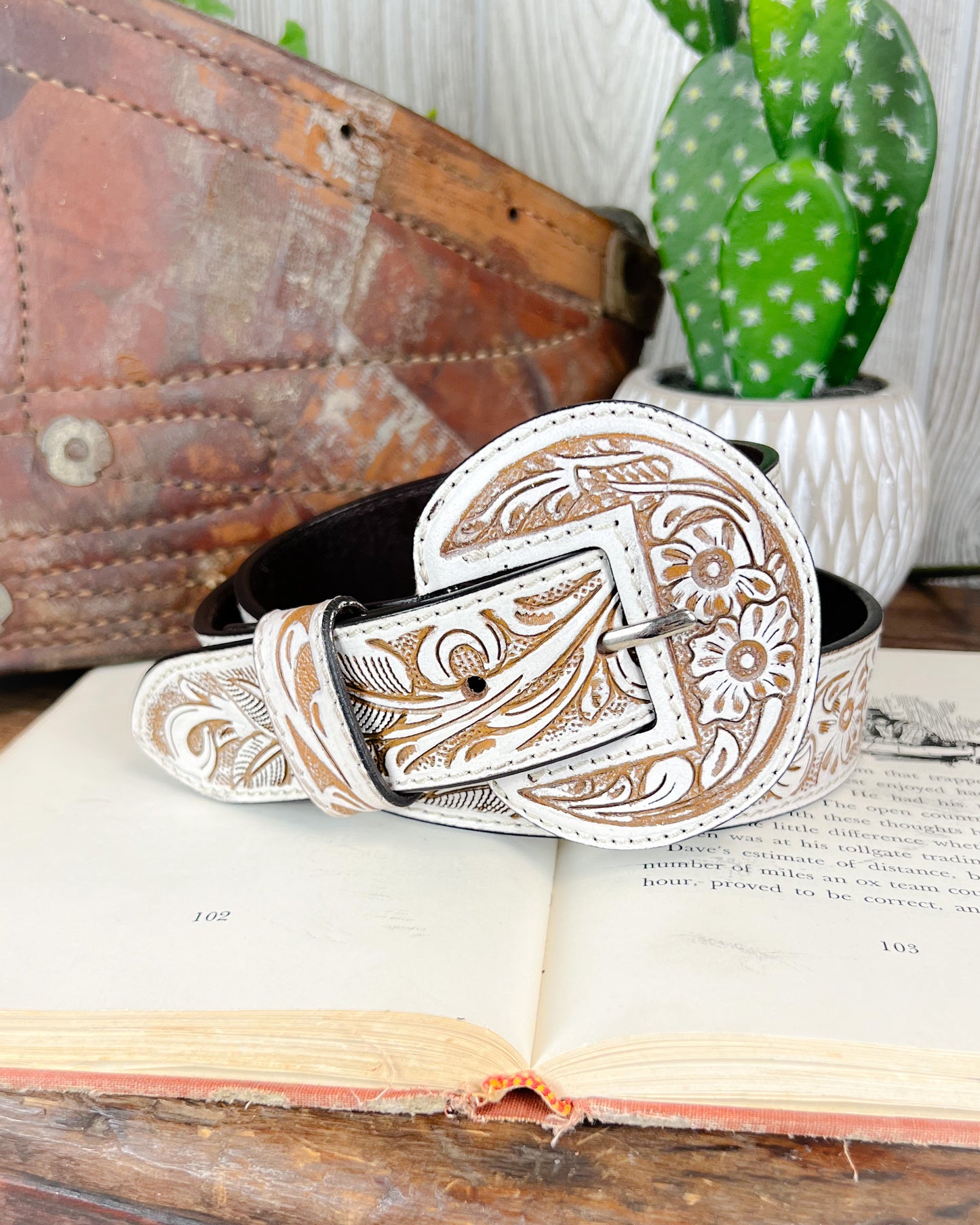 High Desert Tooled Leather Belt - White