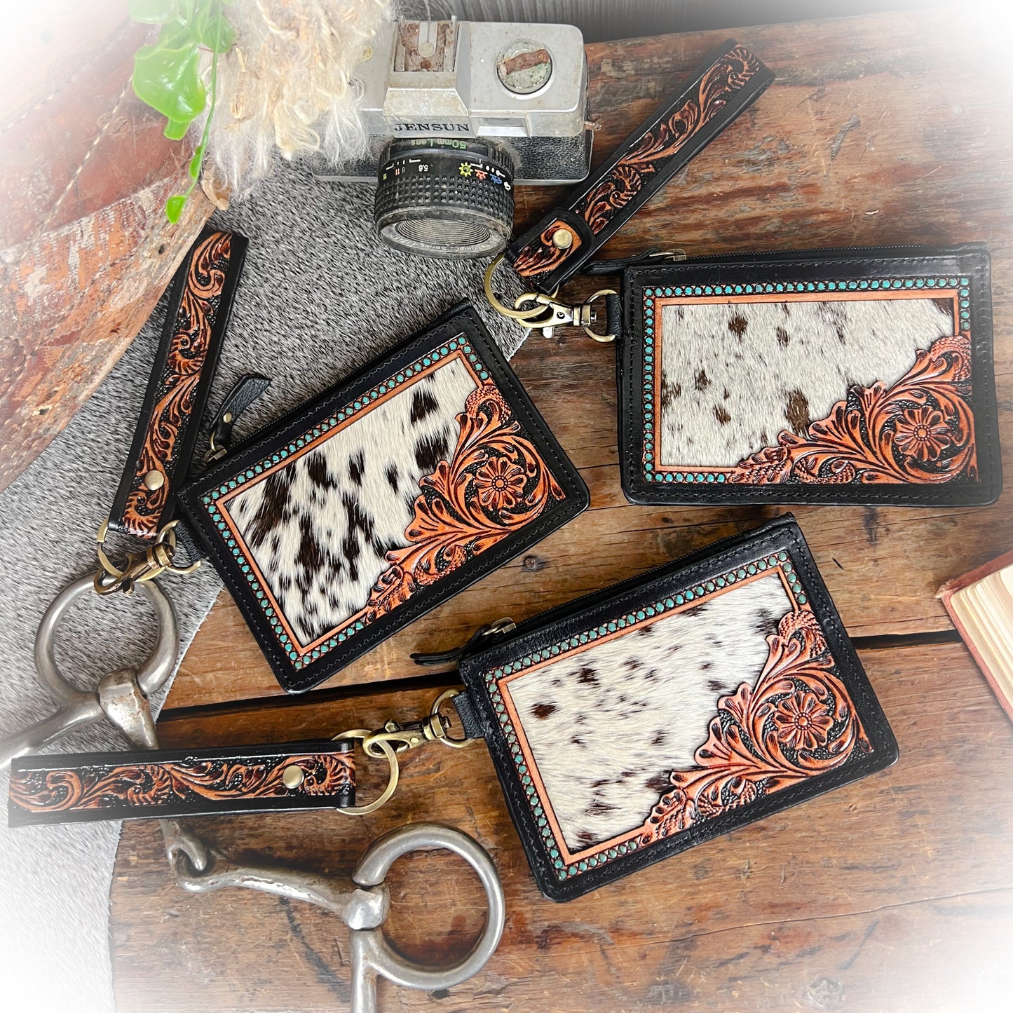Cowboy Twilight Western Tooled Leather & Cowhide Card Holder