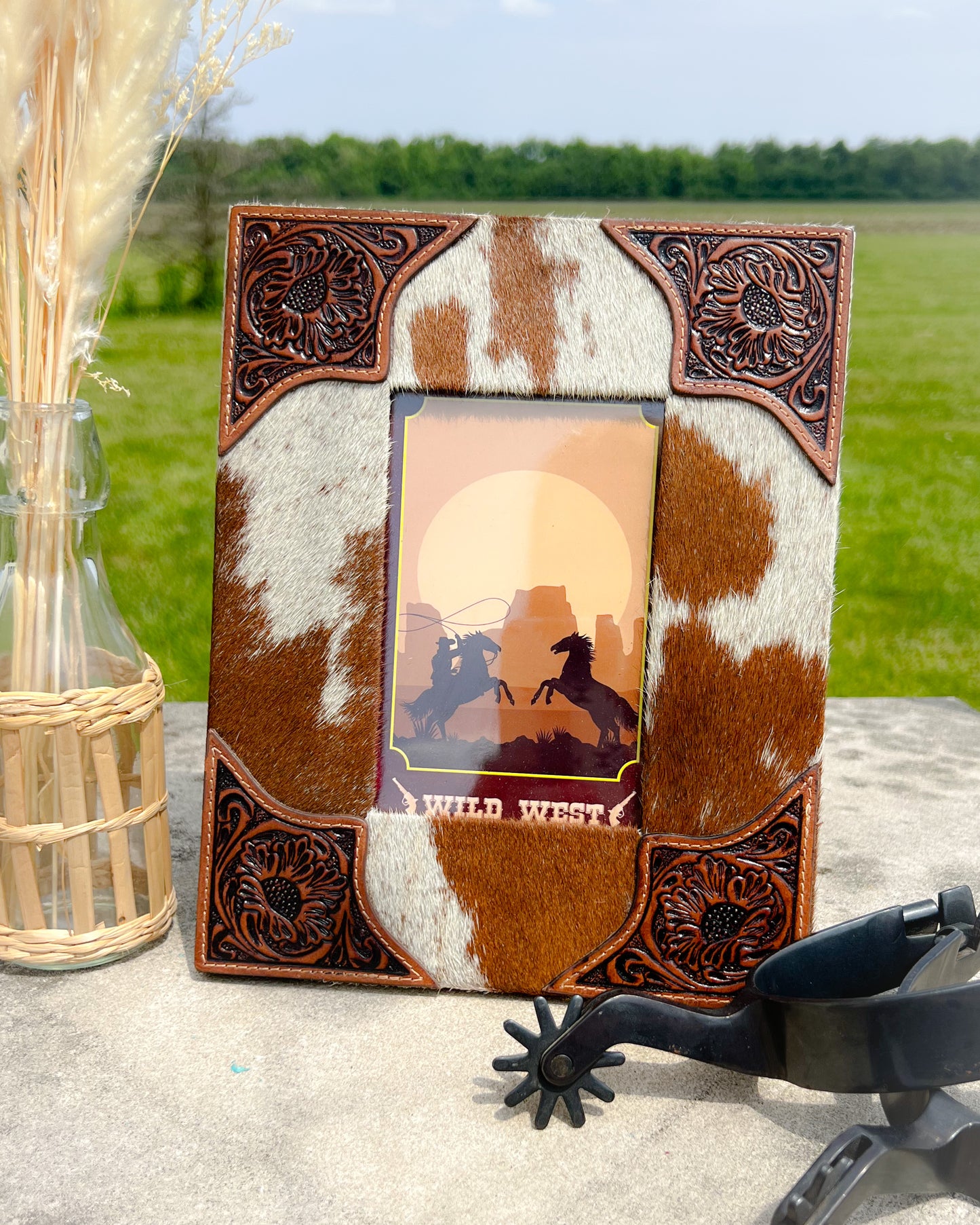 Tumbleweed Trail Cowhide & Tooled Leather Picture Frame