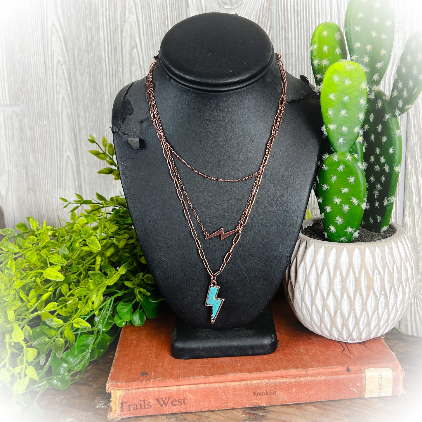 z-Lightning Stone Chain Layered Necklace - Bronze