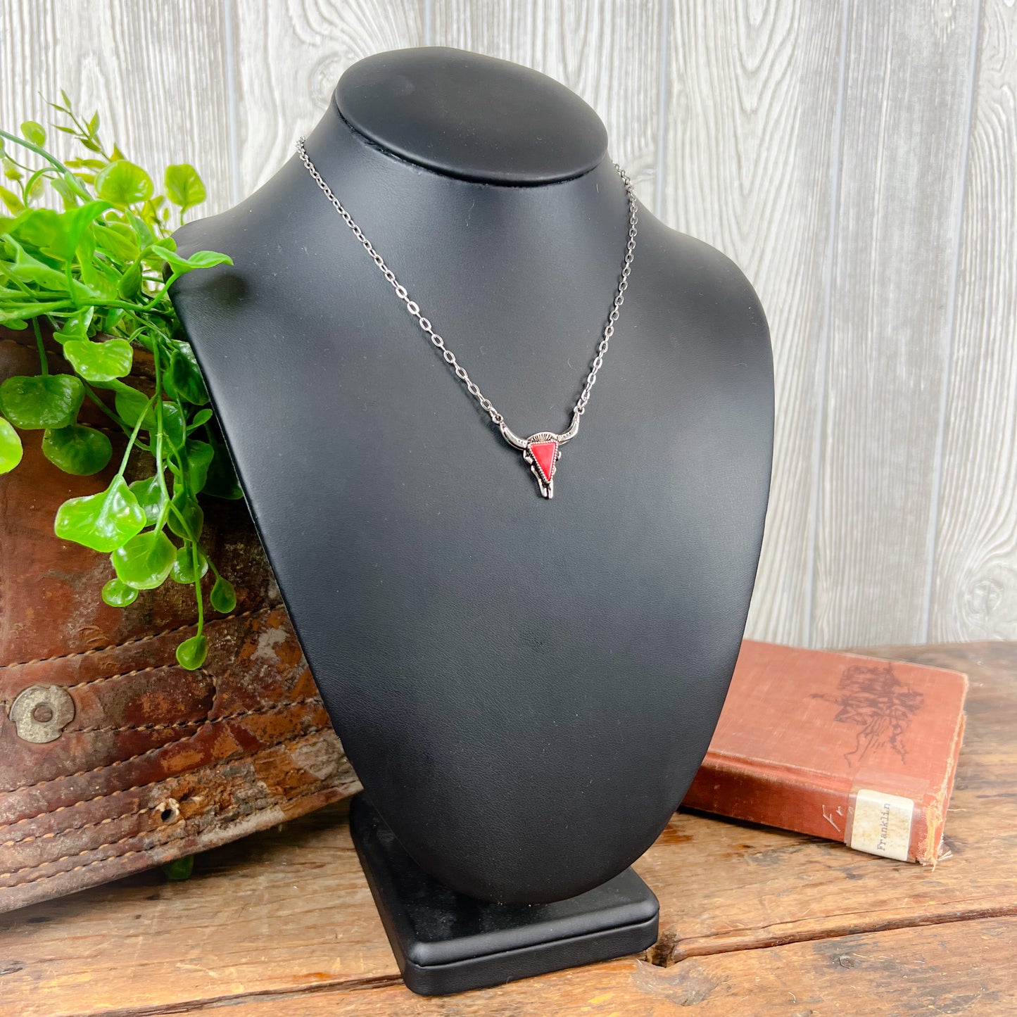 Western Steer Head Necklace - Red