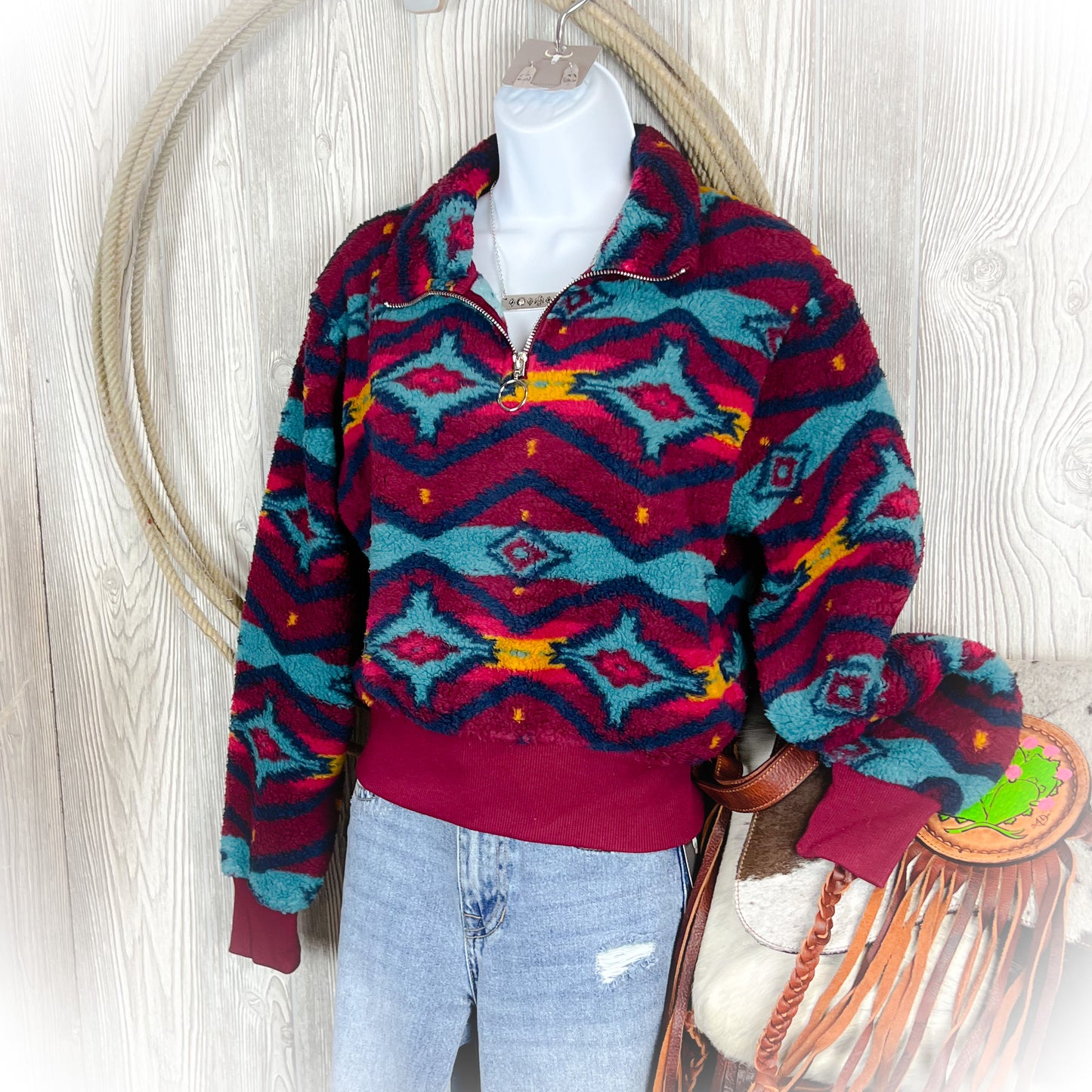 Aztec Sherpa Quarter Zip Sweater - Burgandy