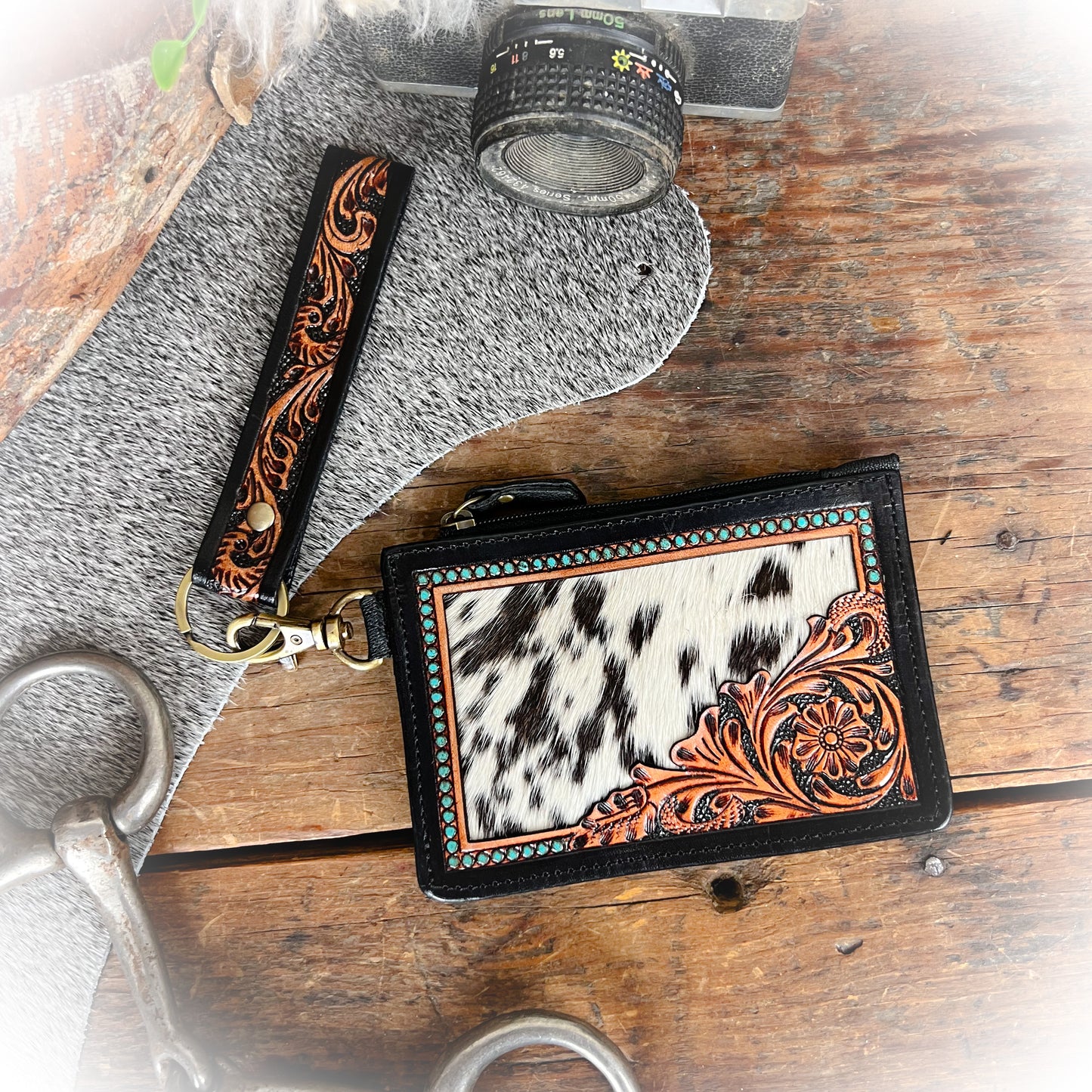 Cowboy Twilight Western Tooled Leather & Cowhide Card Holder