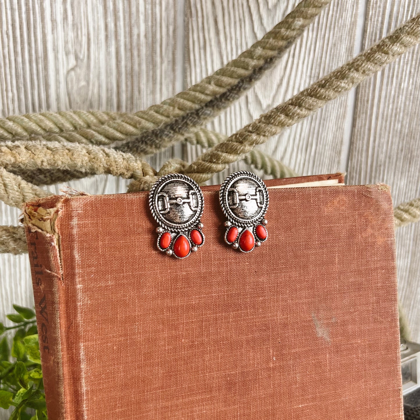 Red Western Concho Horse Bit Stud Earings