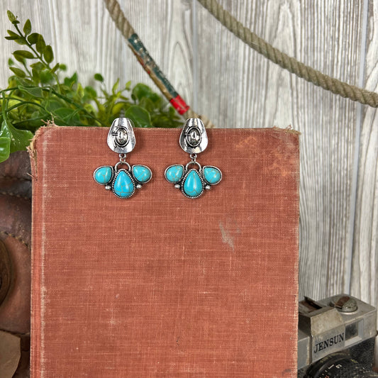 Bring The Rodeo - Western Cowboy Hat Earrings - Turquoise