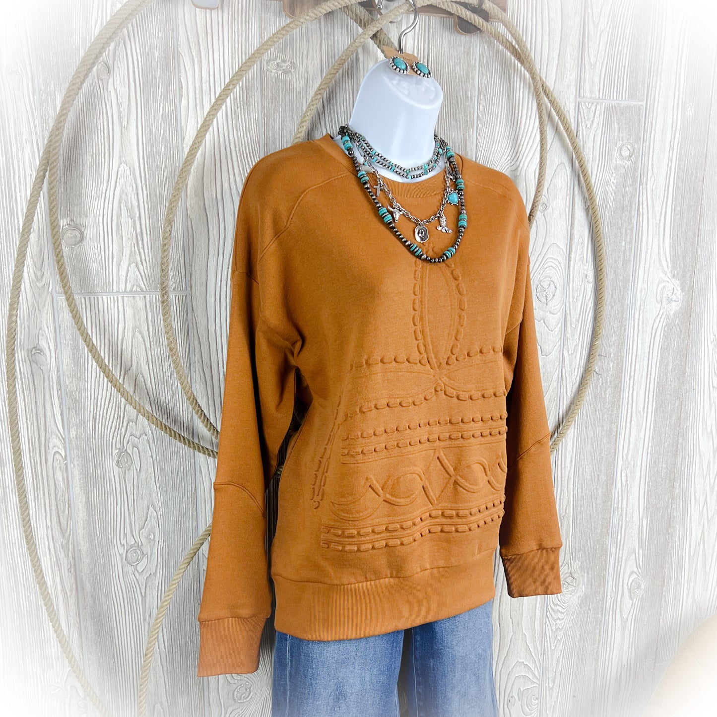 Cowpoke Boot Stitch Western Crewneck Sweater - Brassy Mustard