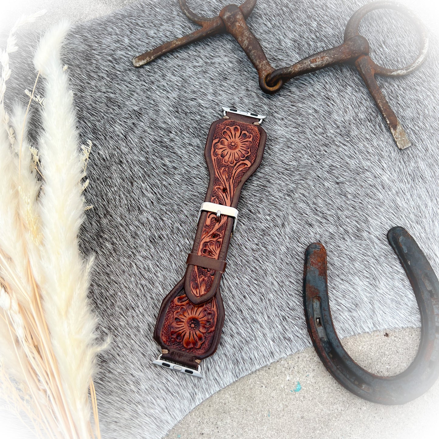 Lone Star Tooled Leather Watch Band - Antique Mahogany Color - 38mm-41mm