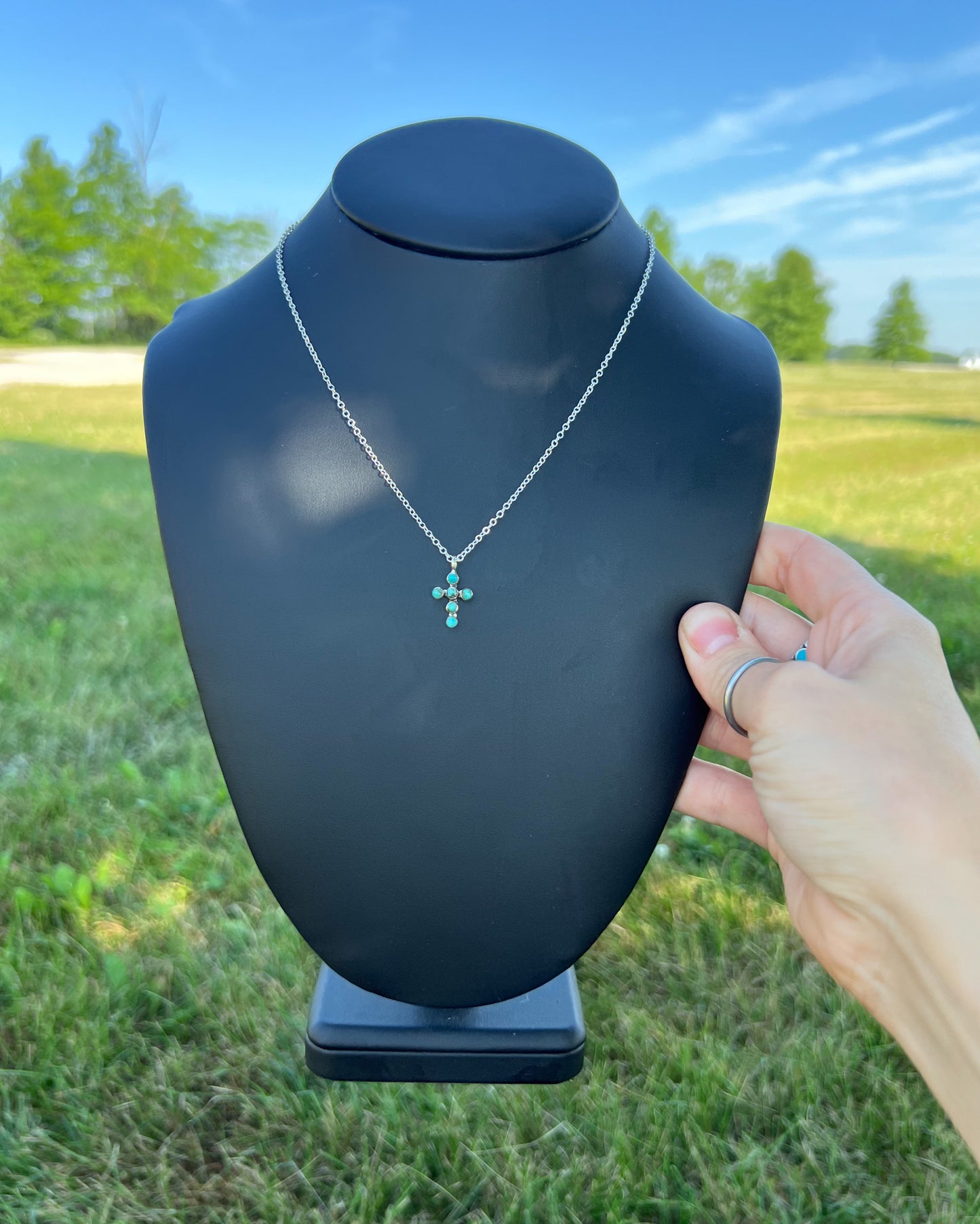 Dainty Turquoise Cross Necklace – Authentic Stones & Sterling Silver (16" + 3" Extender)