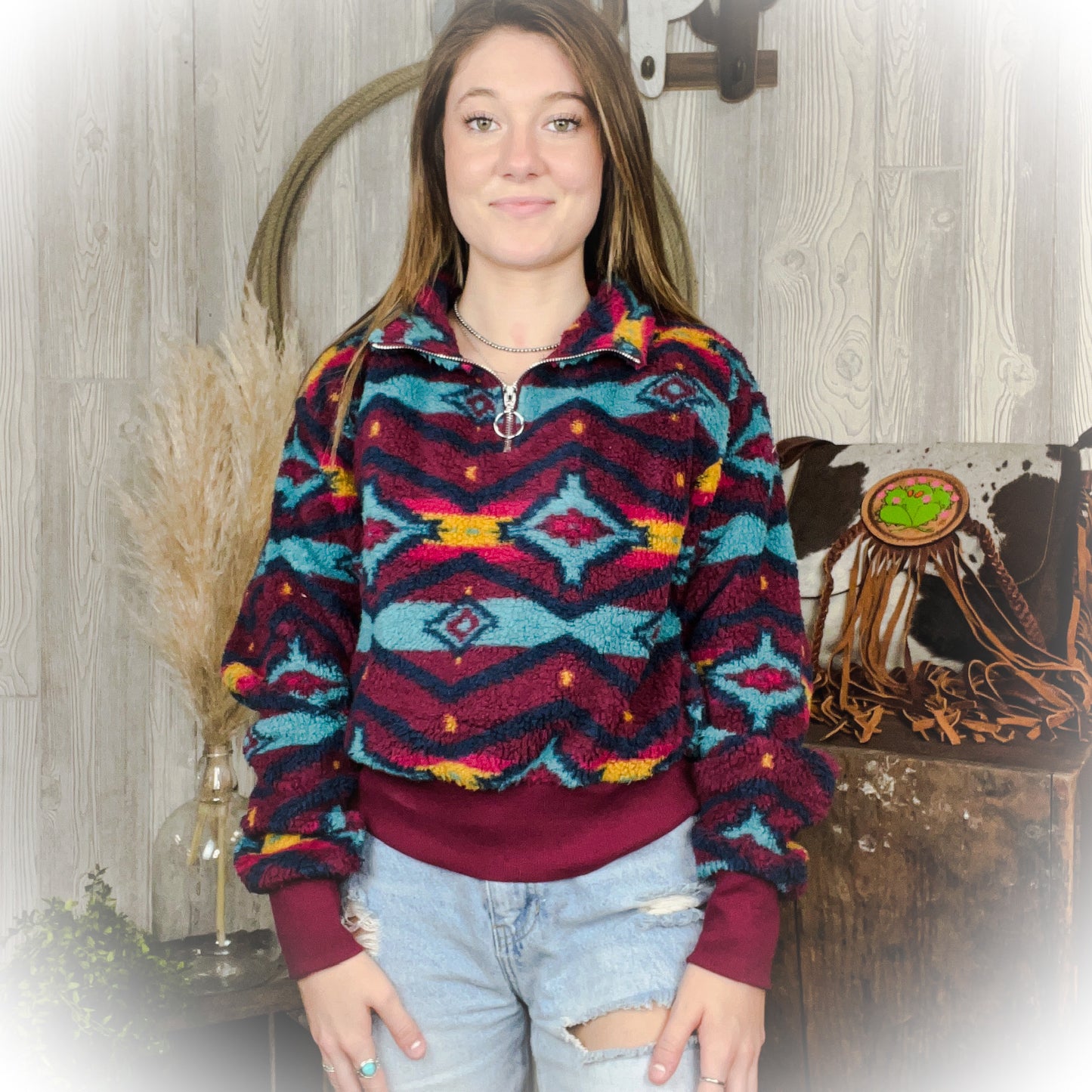 Aztec Sherpa Quarter Zip Sweater - Burgandy