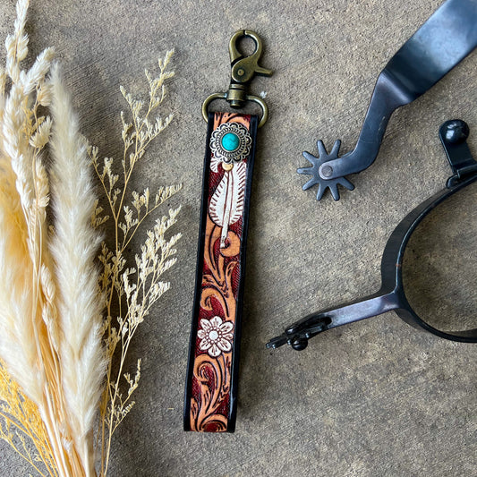 Feather & Floral Tooled Leather Keychain – Turquoise Concho + Antique Gold Clip
