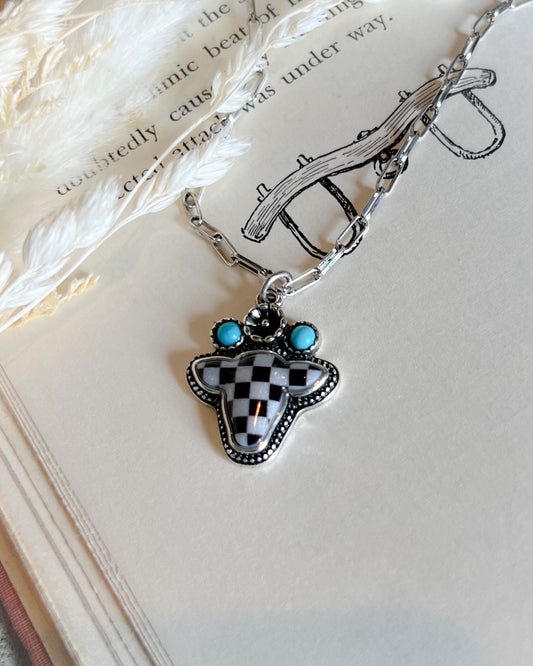 Western Checkered Cow Head Necklace