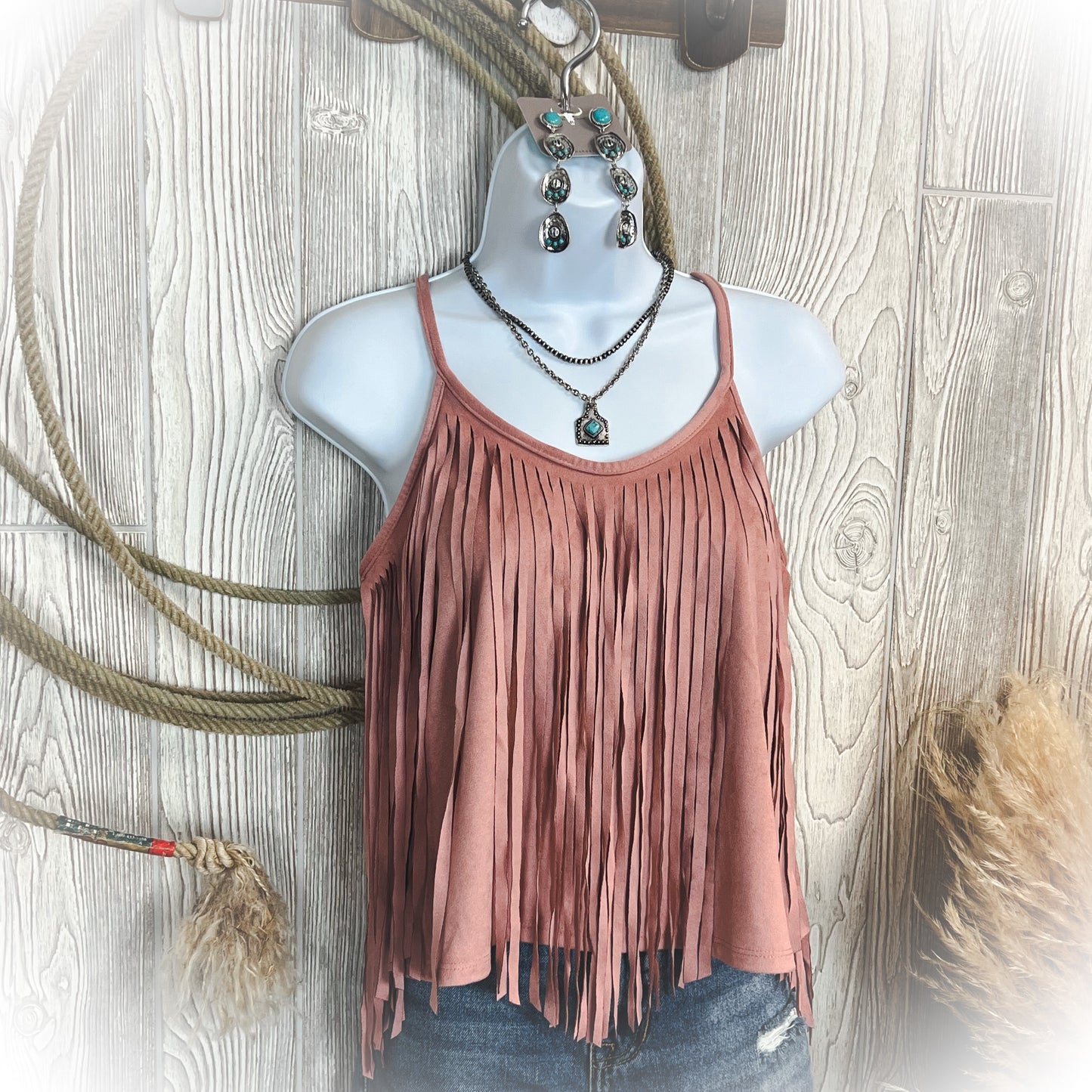 Mauve Fringe Suede Tank Top