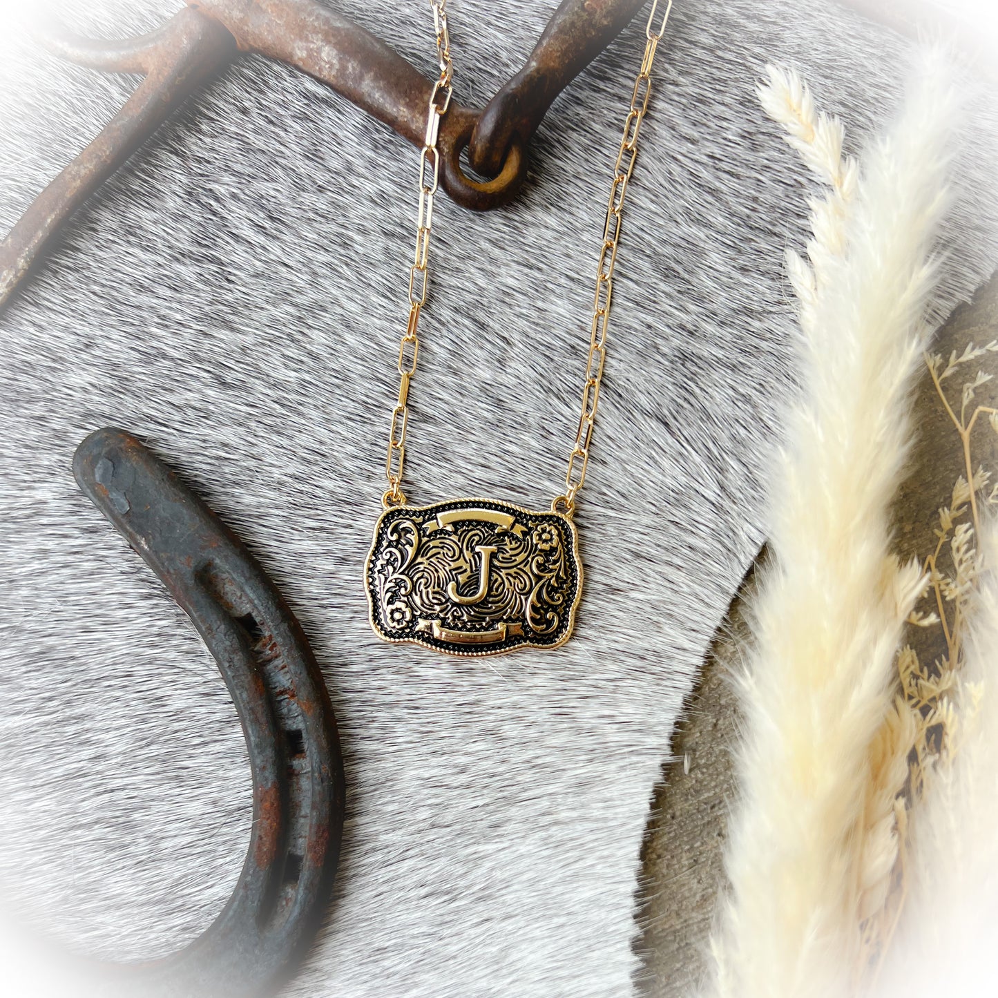 Western Buckle Initial Necklace - Antique Gold