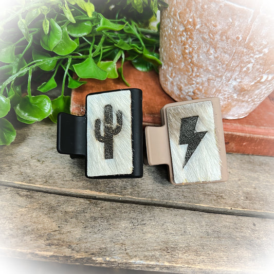 Cactus/Lightning Bolt Western Cowhide Claw Clips