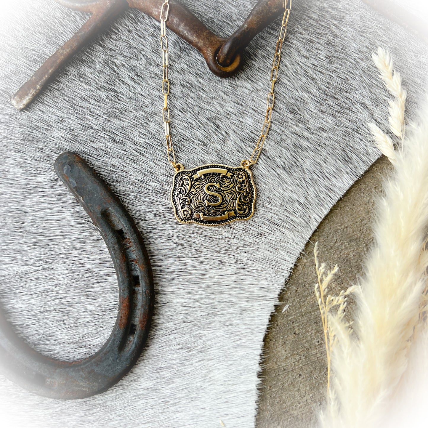 Western Buckle Initial Necklace - Antique Gold