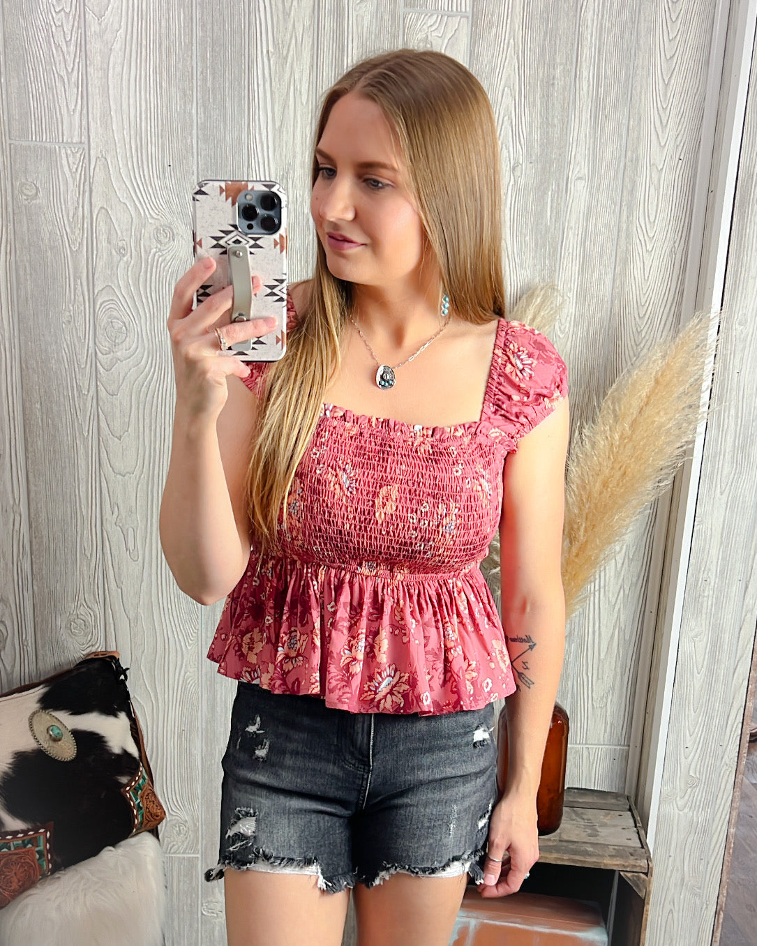 Rosy Bloom Smocked Boho Cap Sleeve Top