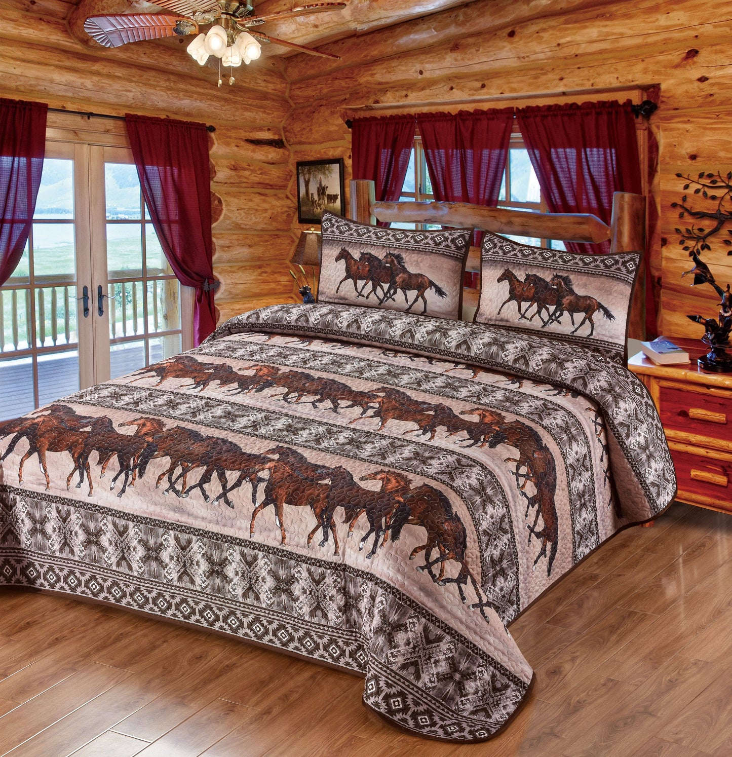 Horse Valley Southwestern Decorative Quilt Bedding Set: King Quilt + 2 King Pillow Shams