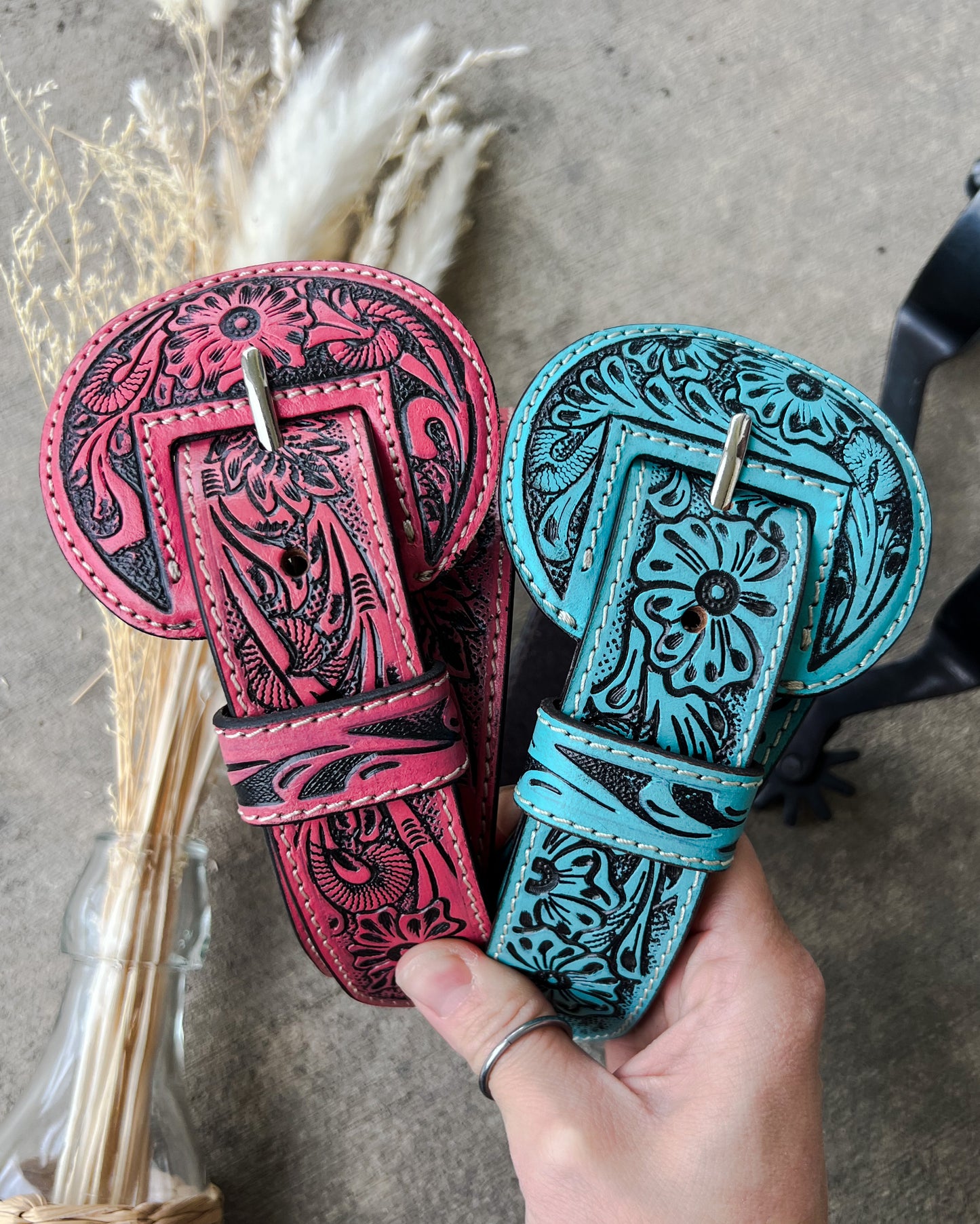 High Desert Tooled Leather Belt - Pink/Red*