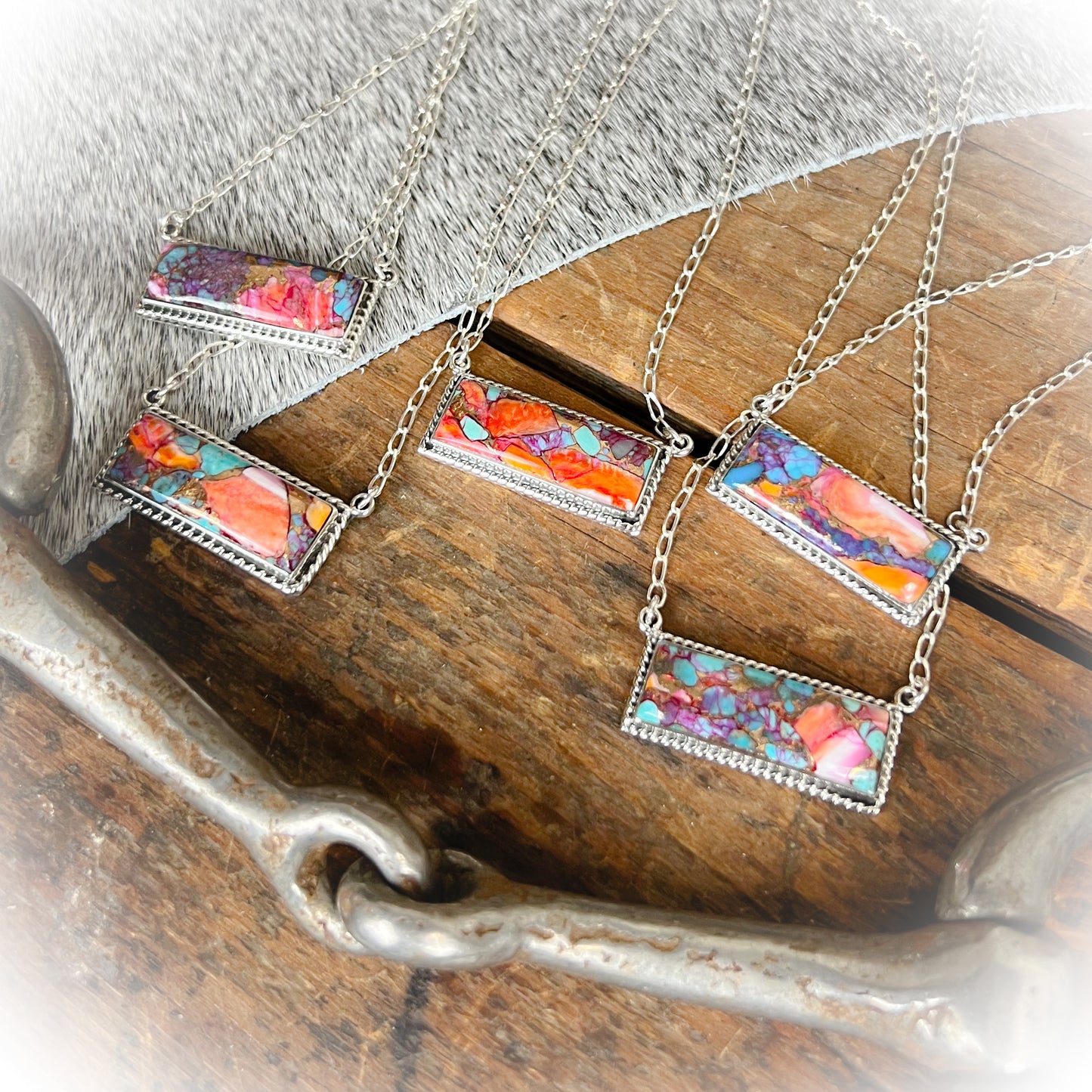 Winona - Pink Dahlia Spiny Turquoise Bar Necklace