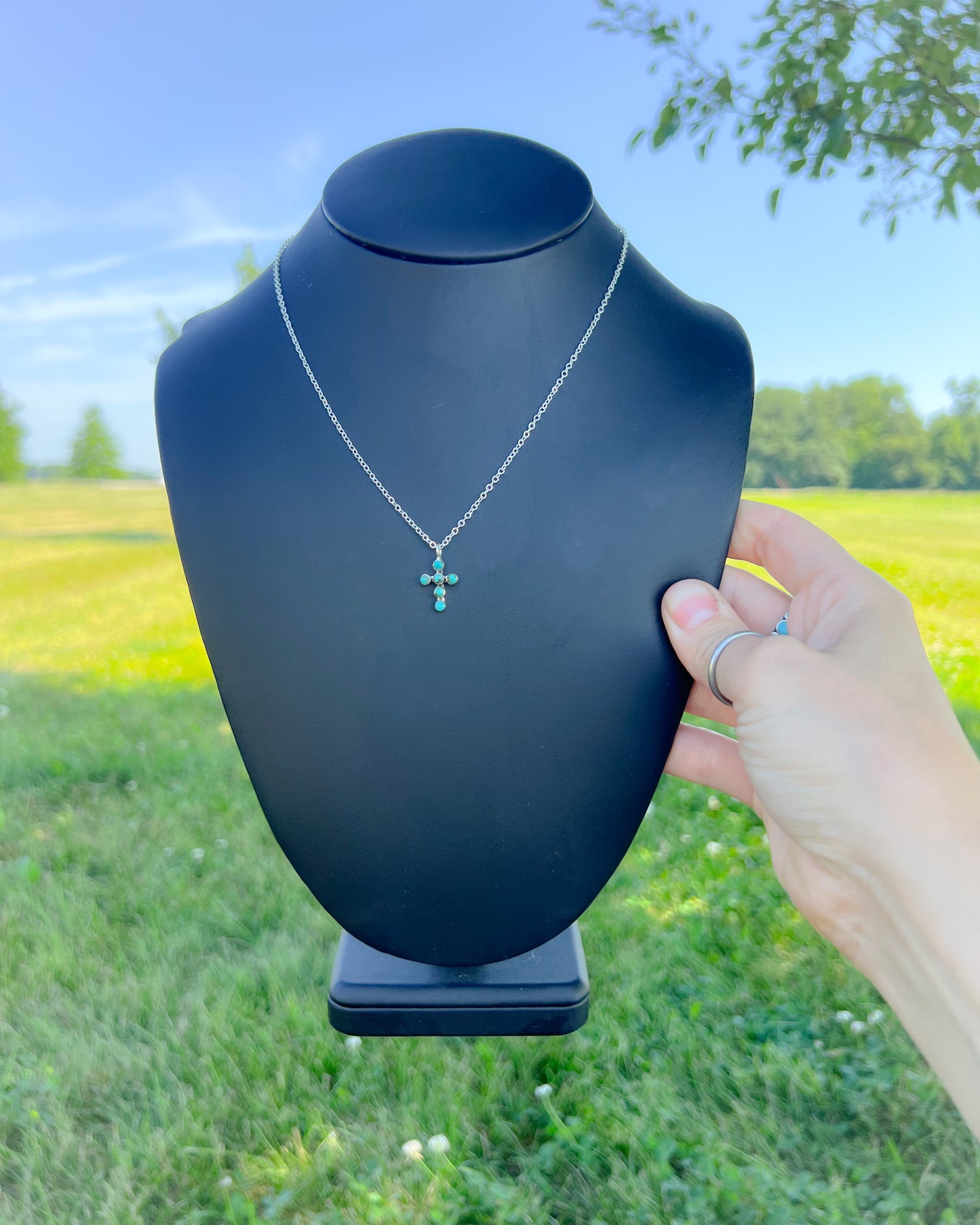 Dainty Turquoise Cross Necklace – Authentic Stones & Sterling Silver (16" + 3" Extender)