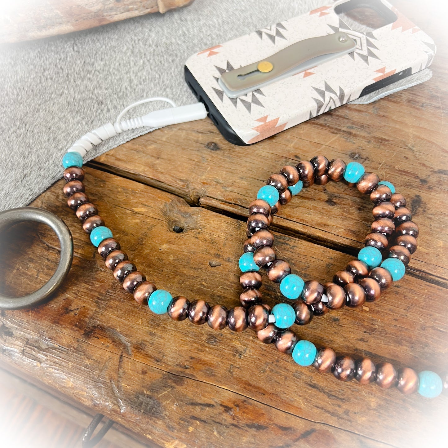 Bronze & Turquoise Western Boho Beaded Phone Charger