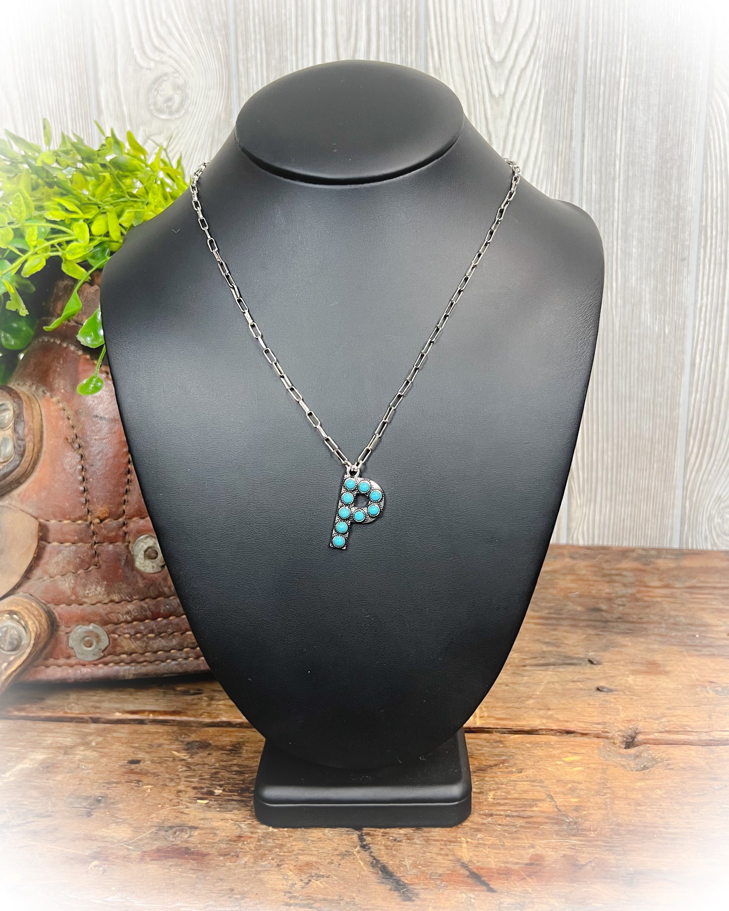 Western Turquoise Stone Initial Necklace