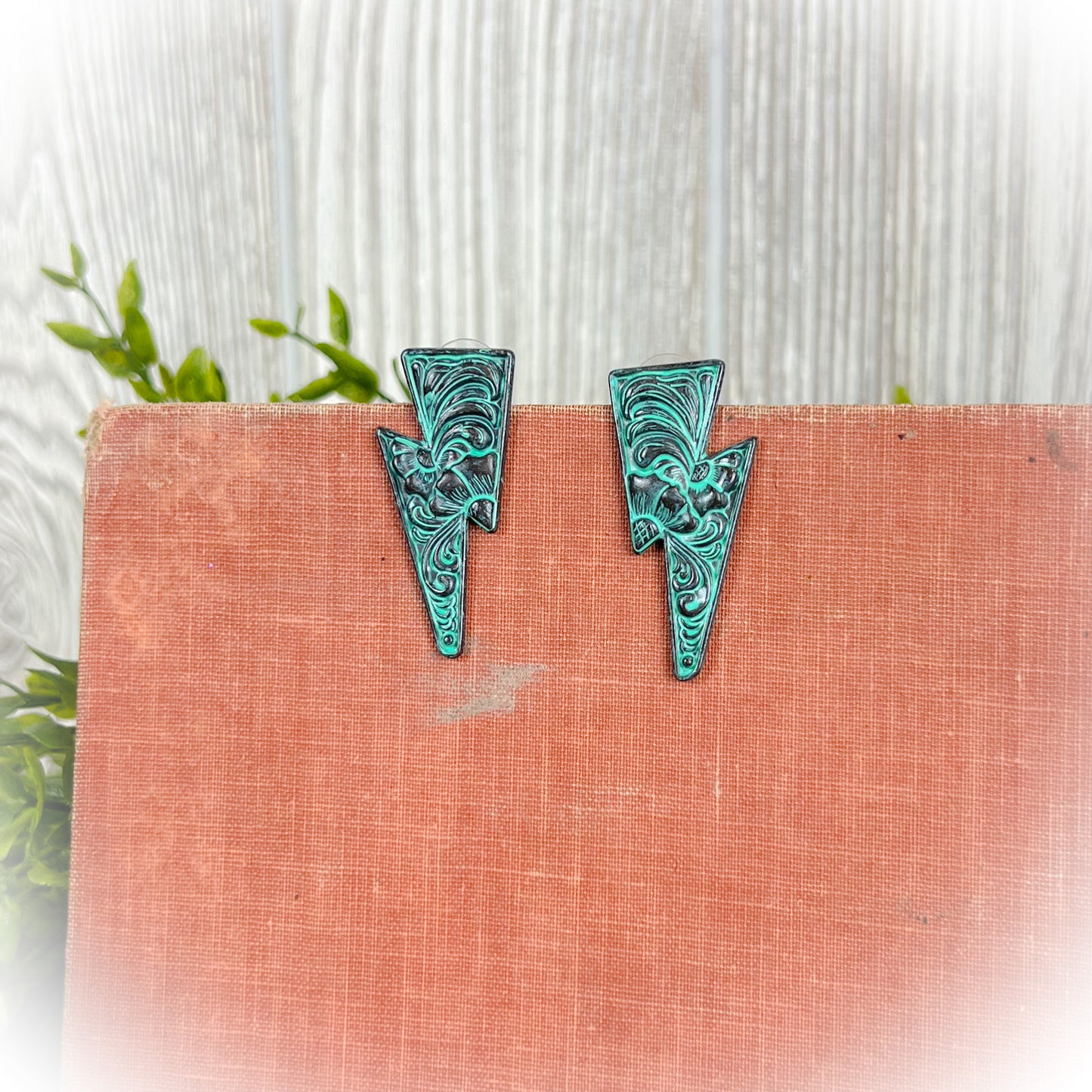 Lightning Bolt Stud Earrings - Patina