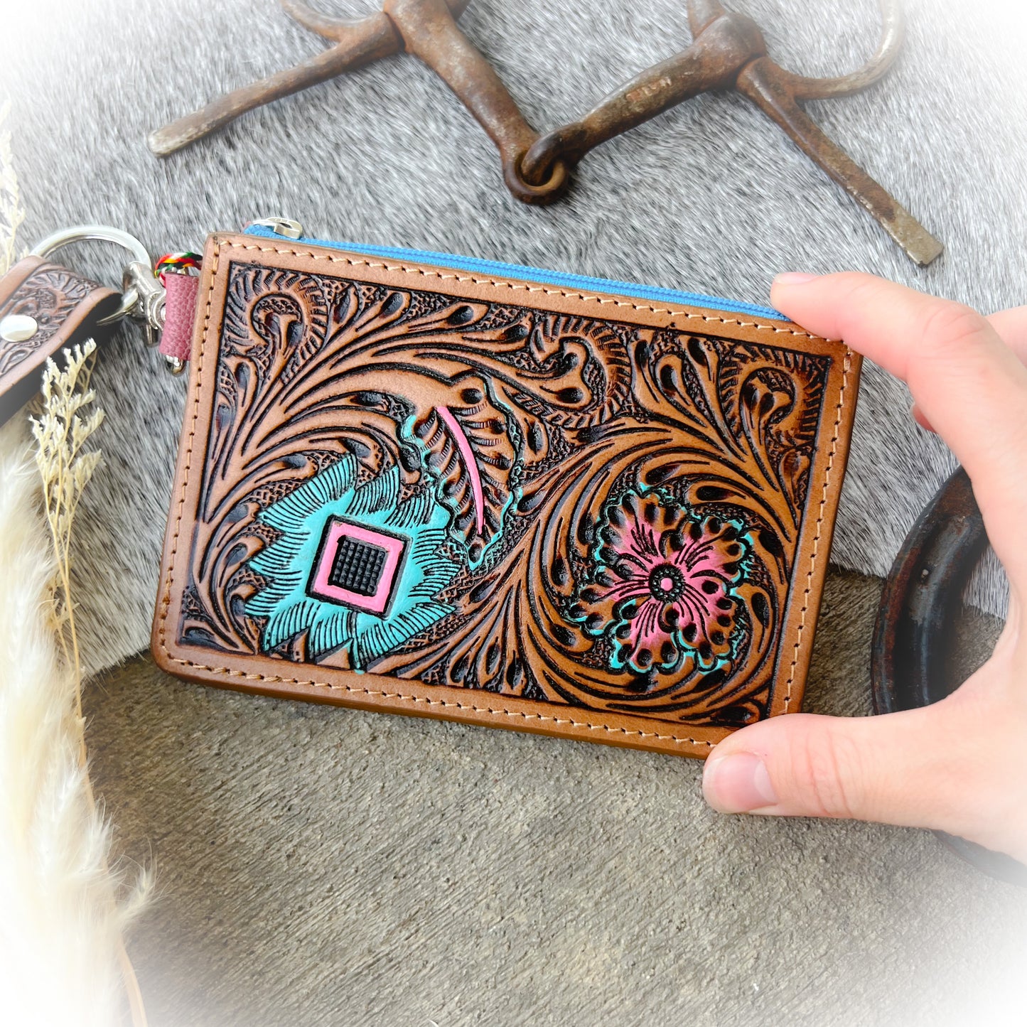 Aztec Design Western Tooled Leather Card Holder with Wristlet Strap