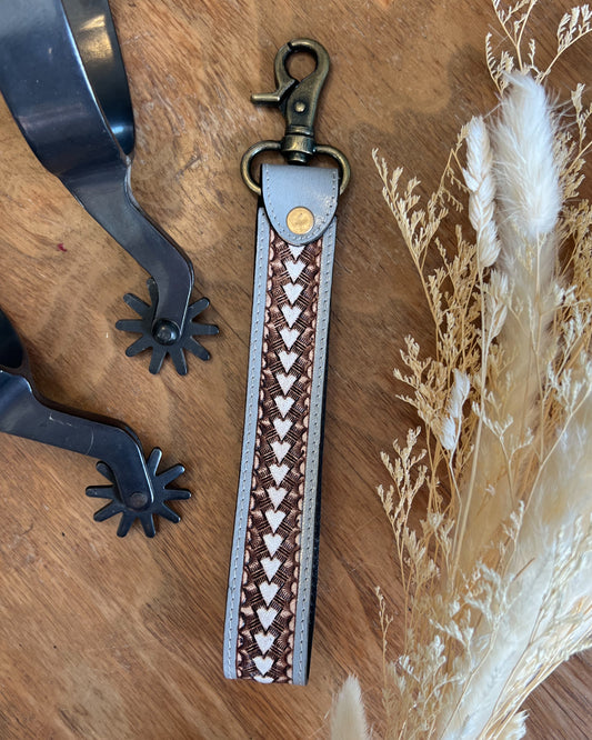 Grey & White Tooled Leather Keychain – Western Concho